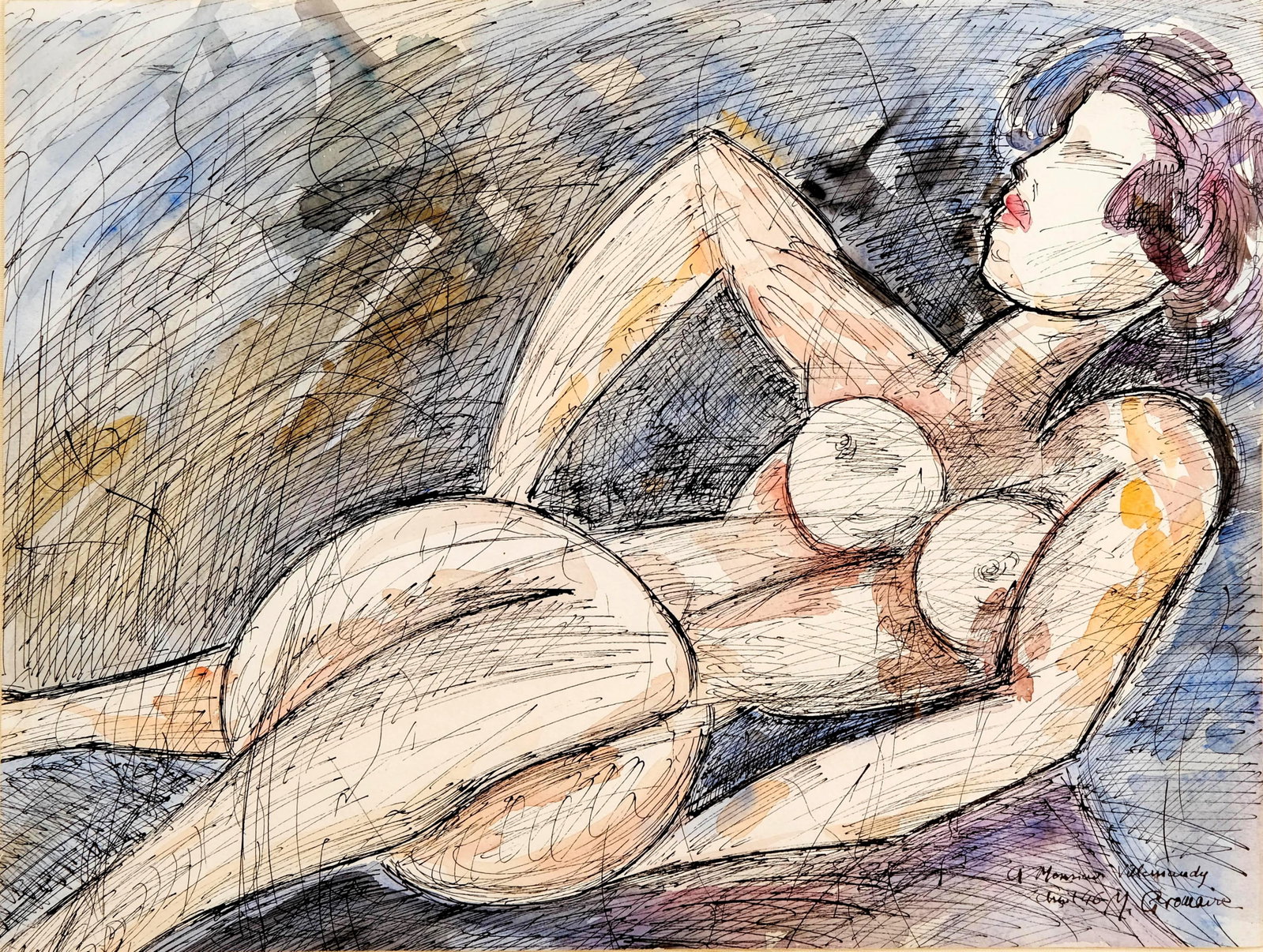 Marcel Gromaire, Signed, Watercolor and Ink Painting on Paper, Mid-20th Century: Keywords: No reserve, French Artist, Nude Drawing, Ink on Paper, Modernist Figure Study, 20th Century Art, Female Nude, European Modernism, Framed Artwork Summary: Marcel Gromaire (French, 1892–1971