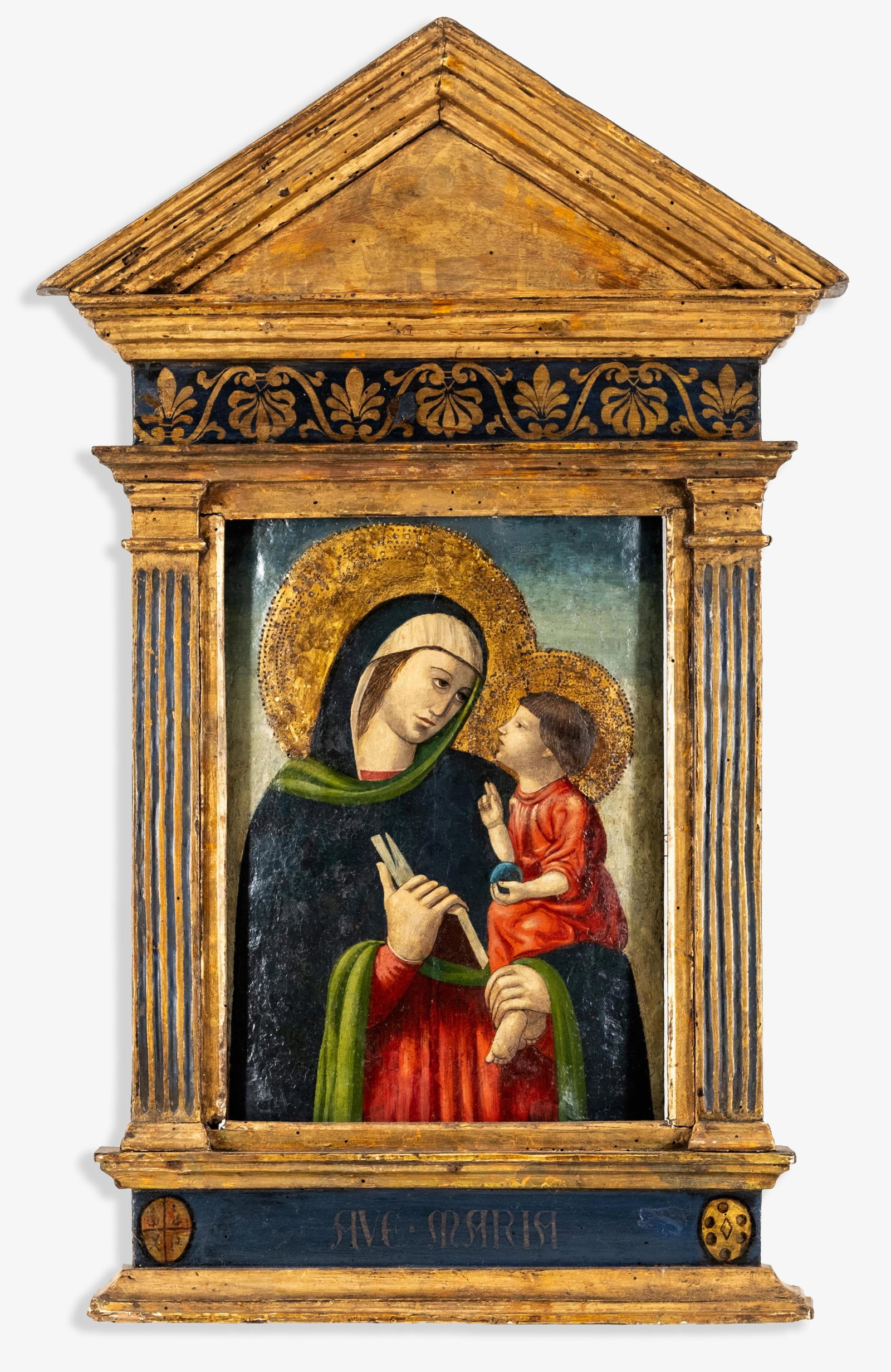Italian Renaissance Polychrome Painting Wood Tabernacle with Madonna and Child, 15th–16th Century: Keywords: NO RESERVE, religious art, devotional panel, Marian iconography, Christ Child, gilded halos, tempera on panel, early Italian art, ecclesiastical object, altar shrine, sacred imagery, hand-pa