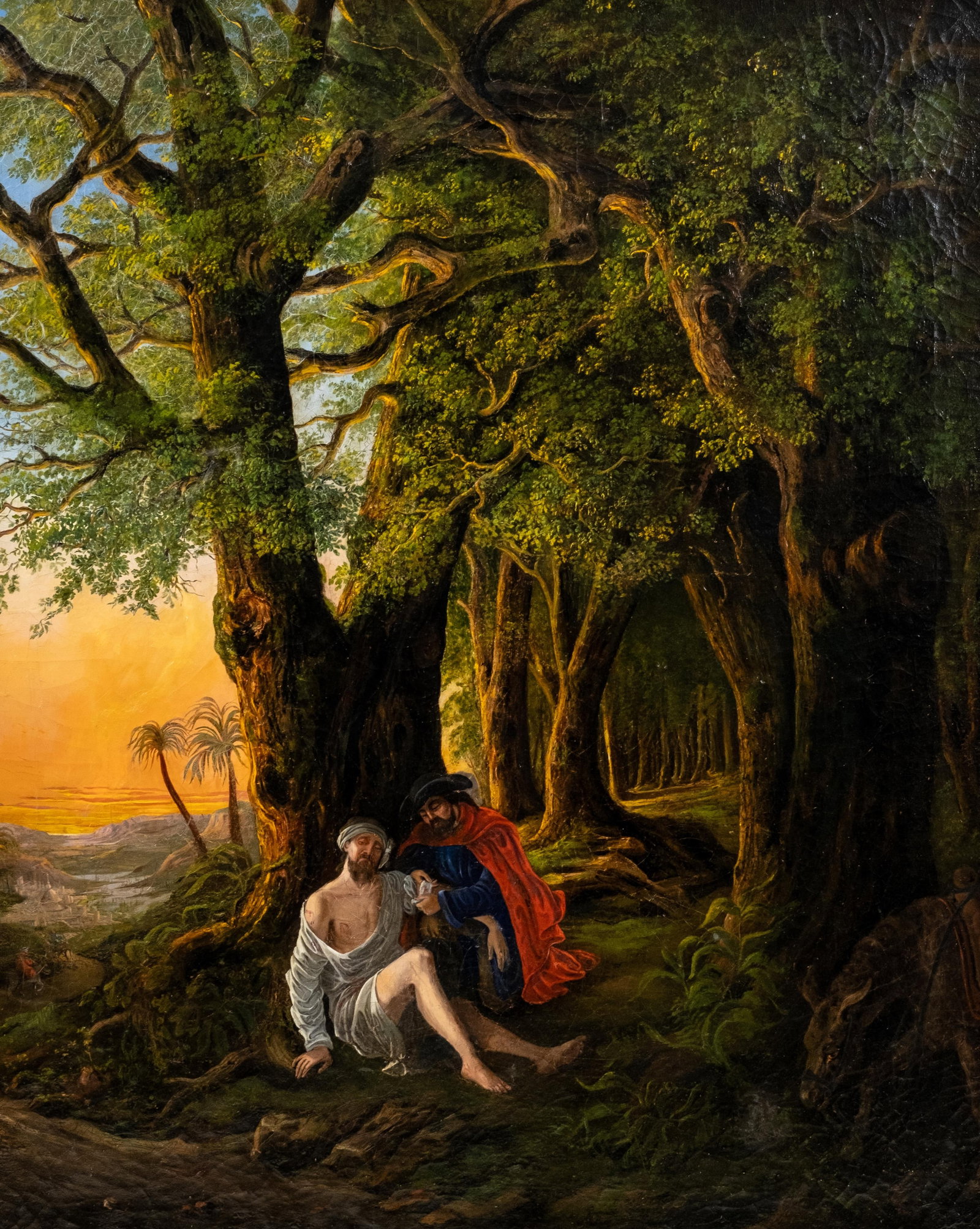 Signed 17th–18th Century Oil Painting, Possibly The Good Samaritan: Keywords: NO RESERVE religious art, Old Master school, biblical parable, Good Samaritan, devotional painting, European painting, Baroque style, oil on canvas, classical landscape, narrative scene Summ