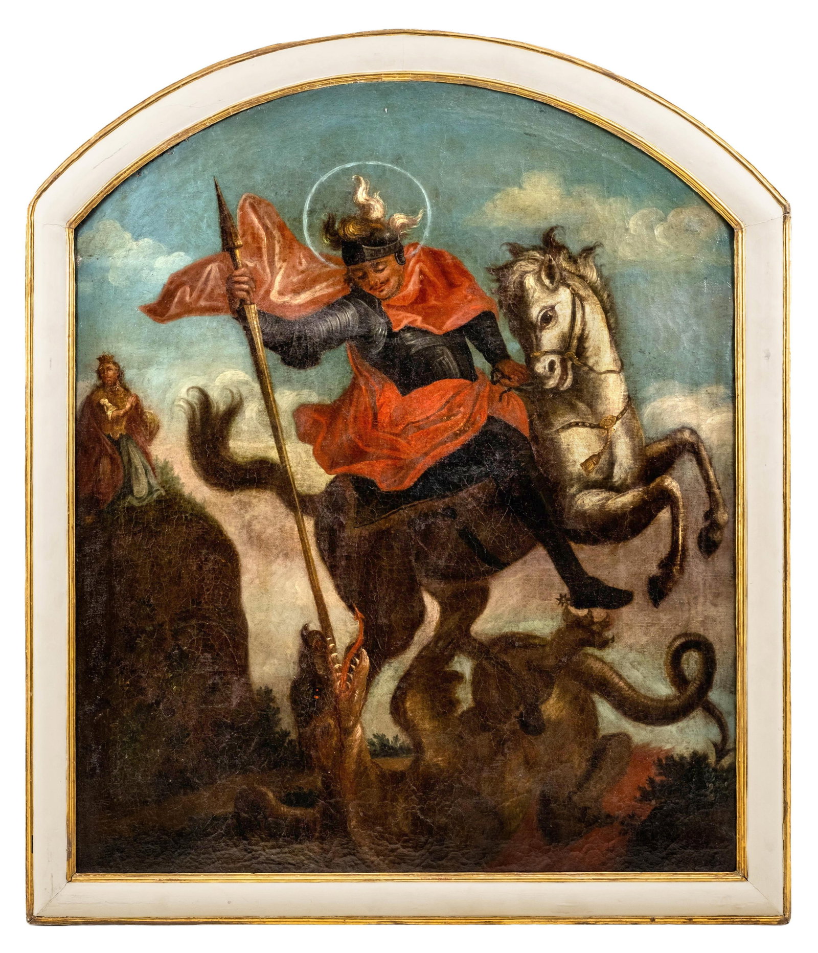 16th-18th Century Baroque Saint George And The Dragon Oil Painting: Keywords:NO RESERVE, Old Master, Baroque, religious art, Christian iconography, Saint George, dragon slayer, equestrian portrait, devotional painting, European School, antique painting, Summary: Unsig