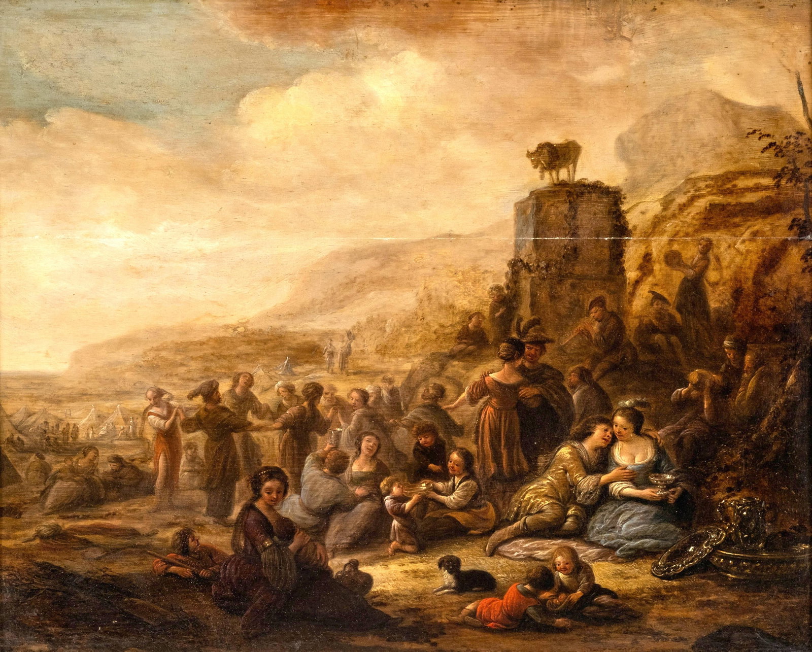 Jacob de Wet Signed Oil Painting On Oak Panel, Circa 1600, “Adoration Of The Golden Calf” (1 of 10)