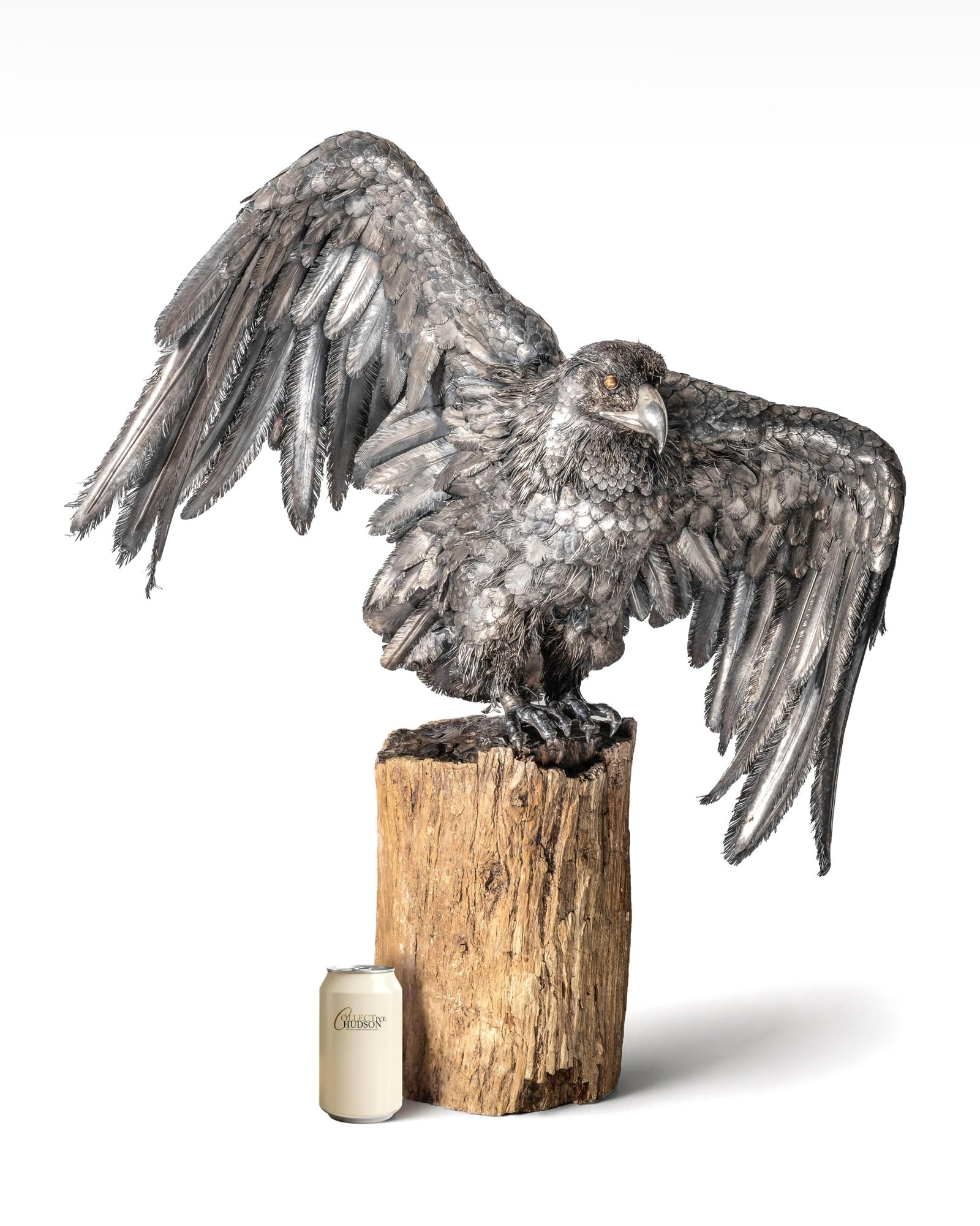 "Mario" Buccellati Italy 800 Signed Monumental Silver Eagle Sculpture on Petrified Wood Base: Keywords: No Reserve, Italian Decorative Arts, Luxury Silverwork, Coin Silver Sculpture, Figural Raptor, Birds of Prey Art, Hand Chased Metal, Openwork Plumage, Textured Feathers, Naturalistic Animal 