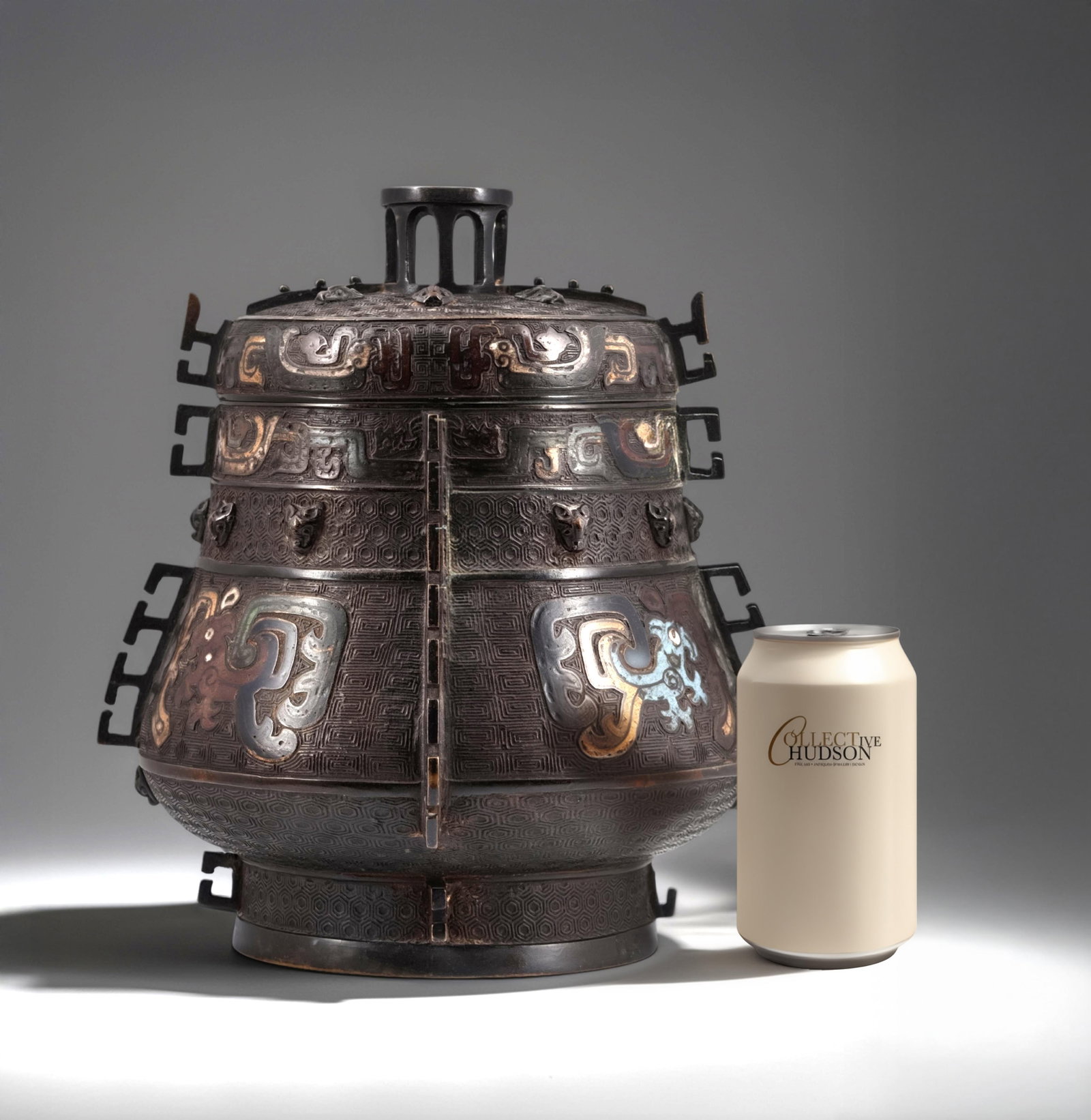 Antique Important Covered Incense Burner in Bronze and Cloisonné Enamel: Keywords: No RESERVE, Chinese Bronze, cloissonne, ritual vessel, Shang Dynasty style, Zhou Dynasty style, Han Dynasty revival, Qing Dynasty decorative arts, Ming Dynasty influence, Asian Antiquities, 