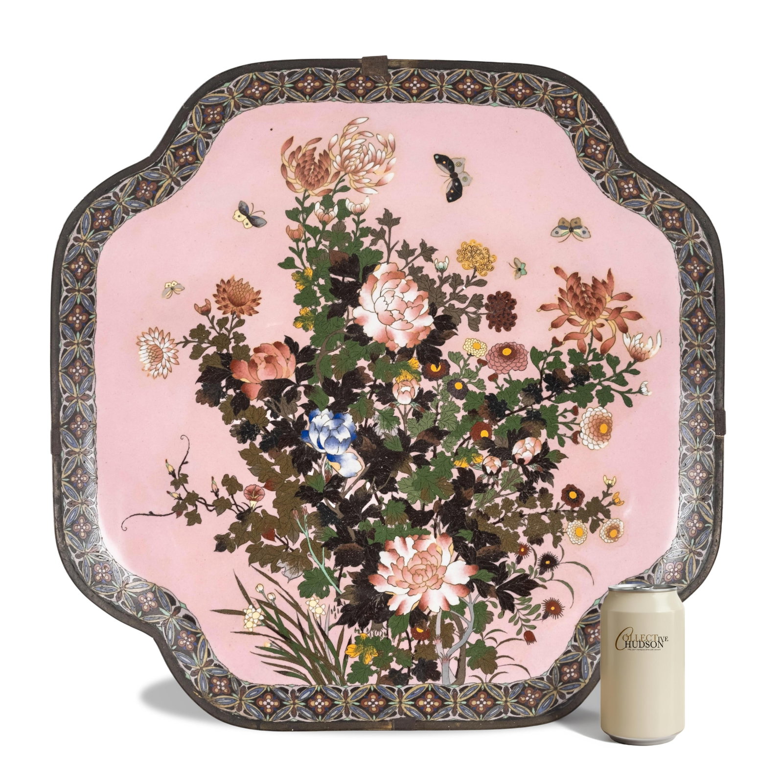 Exceptional Large 31-inch Meiji Cloisonné Japanese 19th century Enamel Charger: Keywords: Japanese enamel charger, Meiji period charger, cloisonne charger, Japanese cloisonne enamel, floral charger, chrysanthemum motif, pink ground enamel, Japanese export enamel, antique Japanese