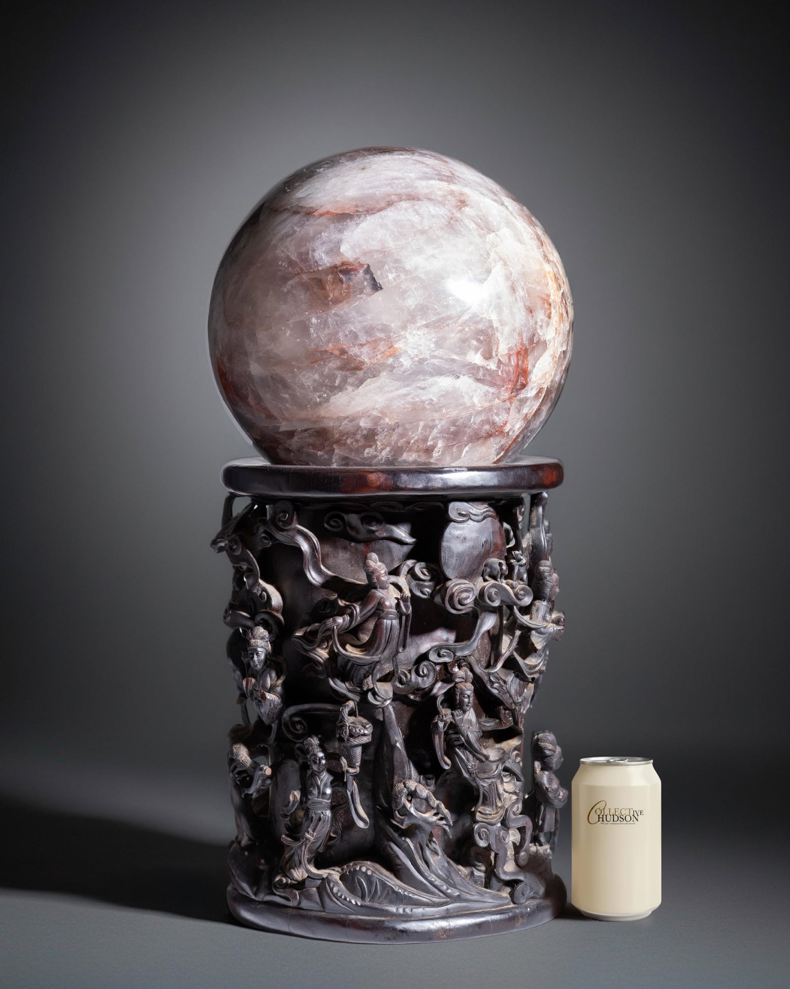 Chinese Scholars Quartz Massive 11" D. Contemplation Sphere on Openwork Carved Rosewood Base: Keywords: quartz globe, carved hardwood stand, Chinese scholar’s object, rose quartz sphere, hand-carved pedestal, Asian decorative sculpture, figural carving, mythological scene, antique carved bas