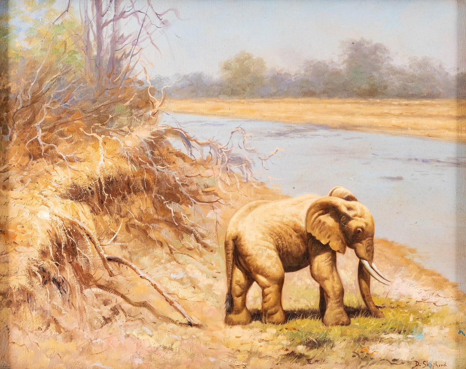 David Shepherd Signed Oil on Canvas Painting of a Standing African Elephant at River’s Edge (1 of 7)