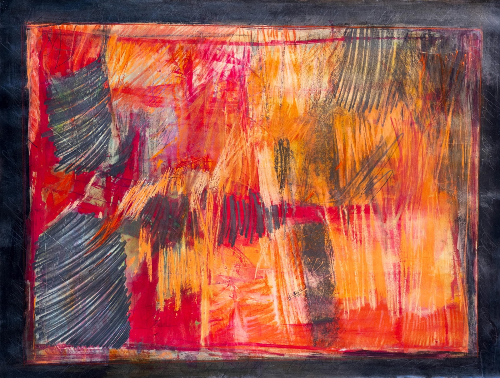 Abstract Expressionist Mural 20th Century Mixed Gouache & Pastel Painting, Illegibly Signed: Keywords: modern art, abstraction, expressionist style, charcoal & pastel on paper, large format, late 1900s, sgraffito, mid-century modern Summary: exceptional work, Abstract Expressionist Large-scal