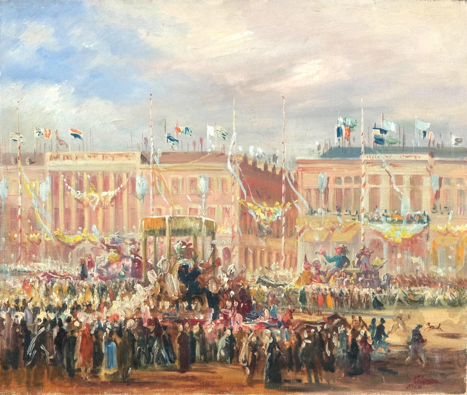 Coleman Signed French School “Opening Parade at Nice Carnival, Oil on Canvas, Early 20th (1 of 6)