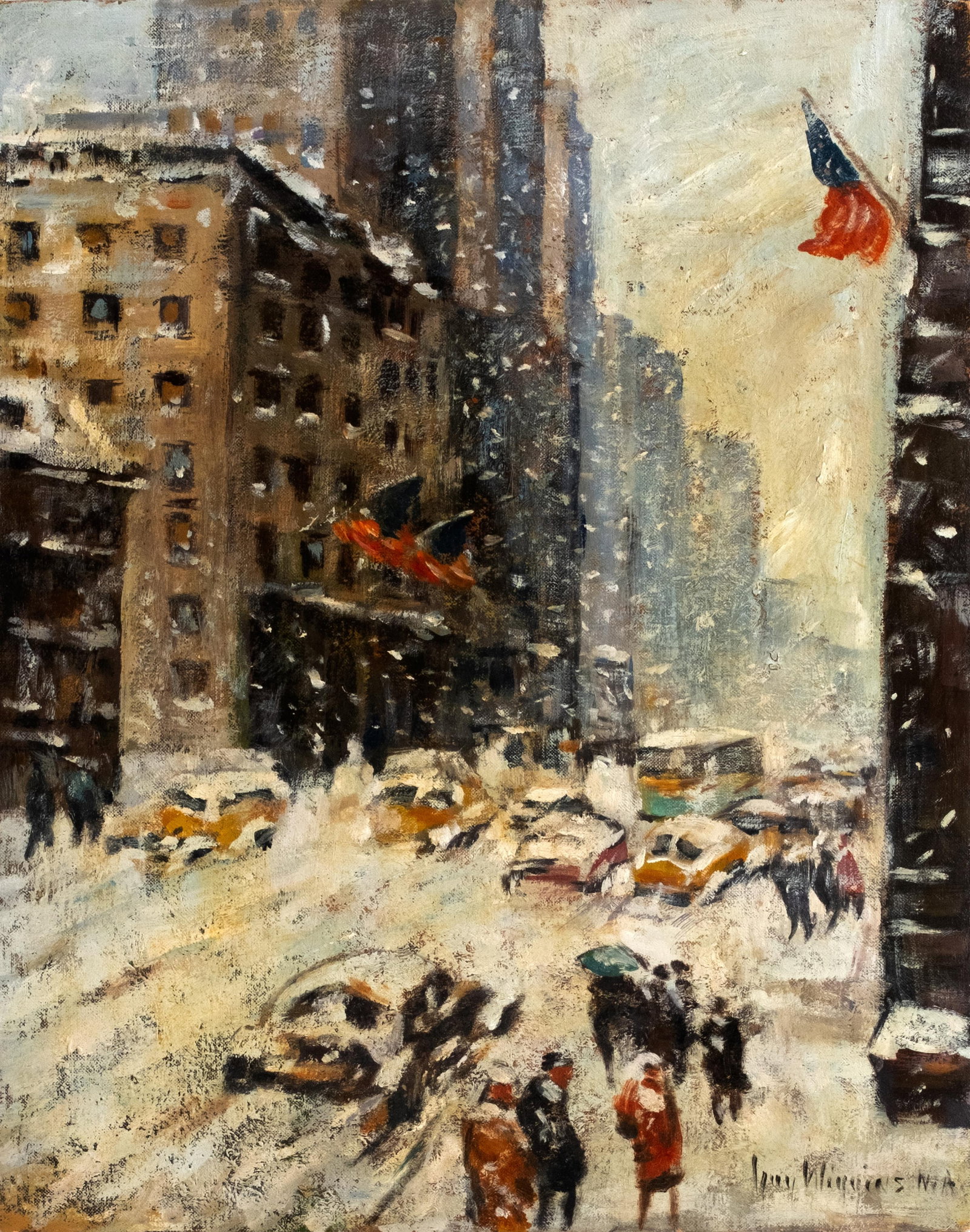 Guy Carleton Wiggins, Twice Signed Snowy New York City Street Scene in Winter Oil Painting (1 of 11)