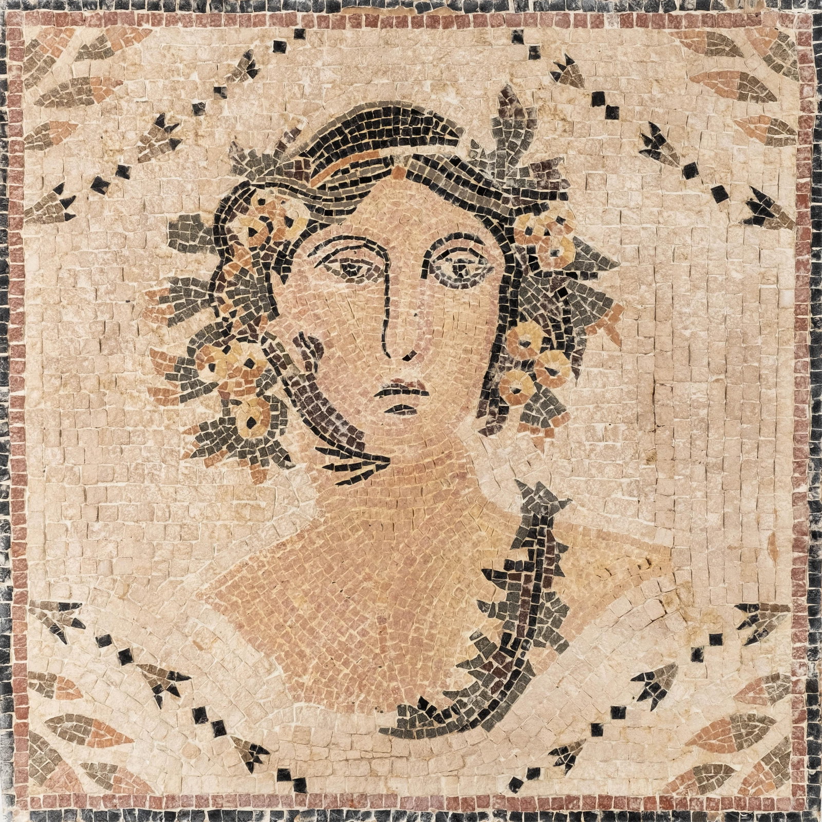 Ancient Pompei Style Roman Mosaic Panel, Portrait of Flora, Stone Tesserae: Keywords: NO RESERVE, classical antiquity style, Greco Roman, Roman mosaic style, neoclassical revival, ancient inspired, European decorative arts, stone tesserae, mosaic panel, figural composition, m