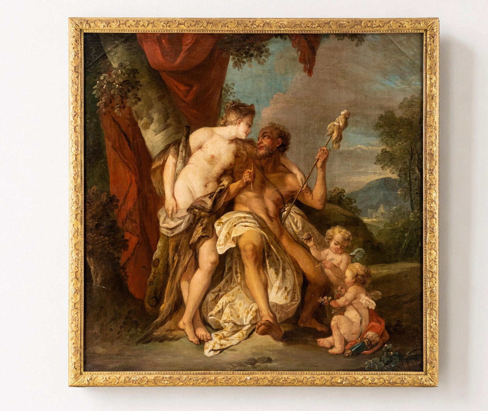 François Le Moyne, attributed, Hercules and Omphale Oil Painting on Canvas: Keywords: No Reserve, mythological painting, 18th Century, classical subject, oil on canvas, cupid, allegorical art, old master style, figural painting, framed artwork Summary: François Le Moyne (att