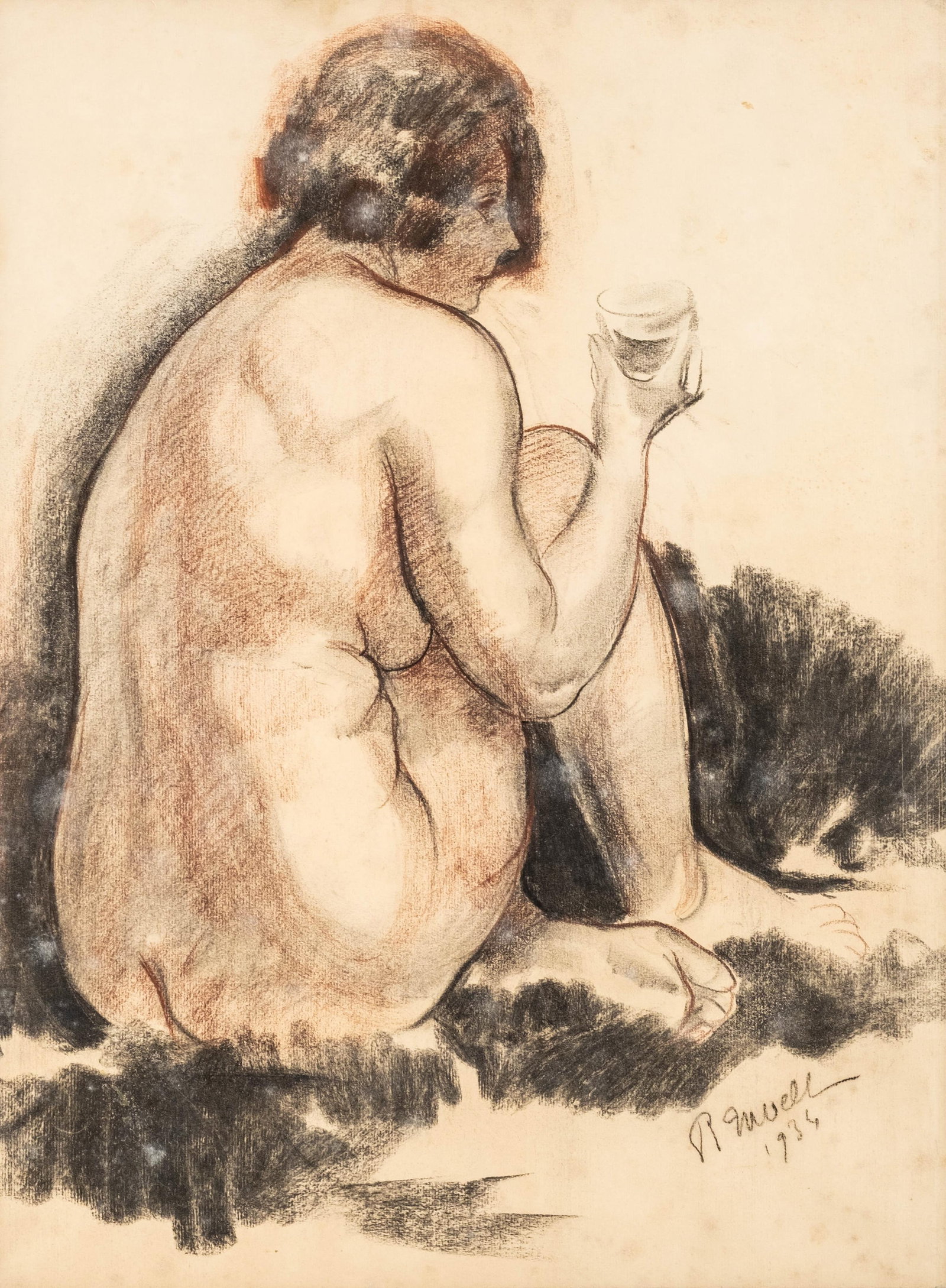 Roger R. Nivelt Female Nude Drawing on Paper Signed Dated 1936: Keywords: No Reserve, Painting, Drawing, Modernism, Academic Figure Study, School of Paris, Figurative Drawing, Interwar Period, nude study, seated figure, tonal shading, line drawing, paper artwork S