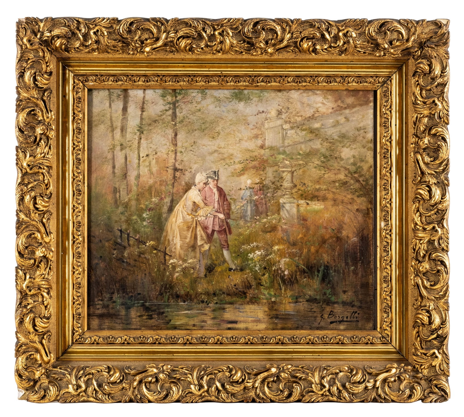G. Borgelli French Gallant Scene Oil on Canvas Painting, Signed: Keywords: French school, gallant scene, romantic scene, oil on canvas, garden scene, courting couple, pastoral figures, 19th century style, signed painting, gilt frame Summary: G. Borgelli French gall