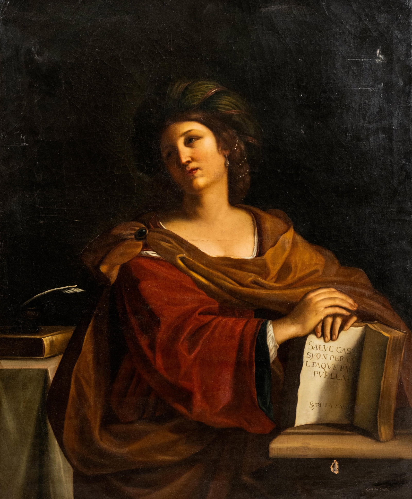 Guercino Samian Sibyl Oil on Canvas Painting. 18th/19th Century: Keywords: Oil on Canvas Painting, Old Master Style, Italian School, Religious Painting, Sibyl, Classical Figure, Biblical Subject, European Painting, Framed Painting Summary: After Guercino Italian, (