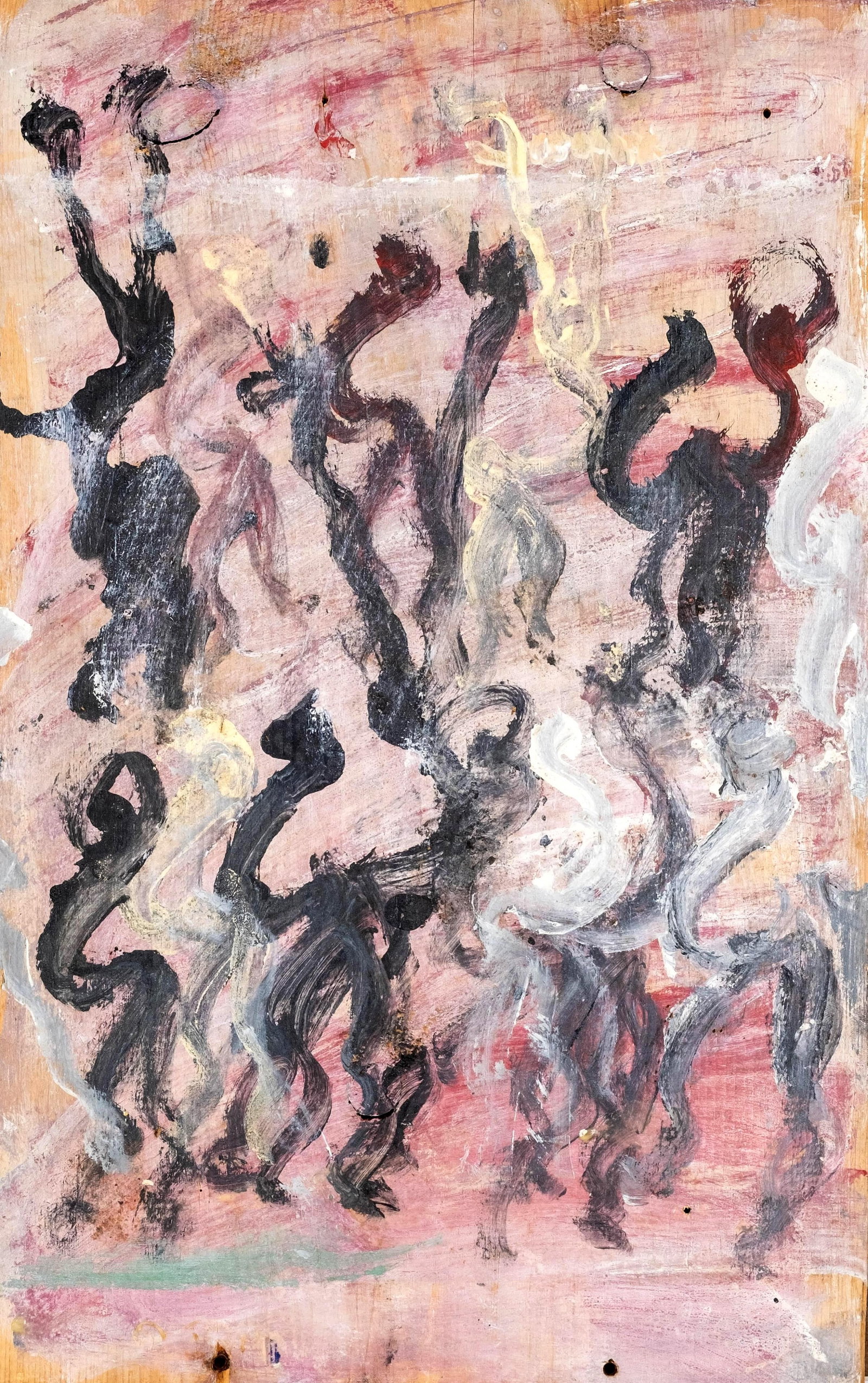 Purvis Young Signed Abstract Figural Painting on Wood: Keywords: NO RESERVE, Abstract Figural Painting, Painting on Wood, Outsider Art, Folk Art, Dancing Figures, African American Artist, Expressionist Painting, Framed Artwork Summary: Purvis Young abstra