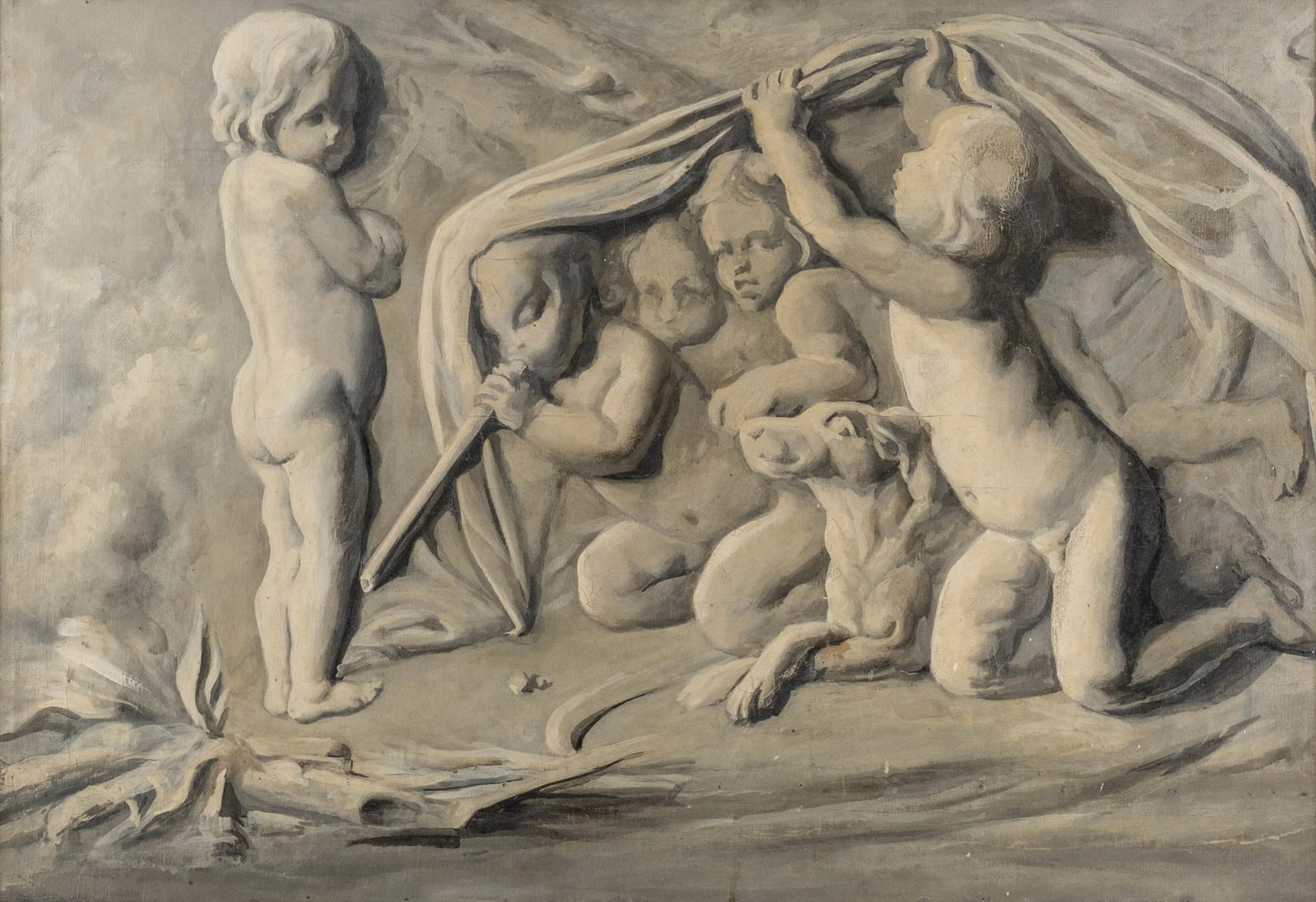 Edme Bouchardon Grisaille Bas-Relief Composition Oil Painting on Canvas: Keywords: NO RESERVE, putti, cherubs, dog, oil on canvas, French school, neoclassical, allegorical scene, sculptural study, monochrome painting, framed painting Summary: Edme Bouchardon (1698-1762) (a