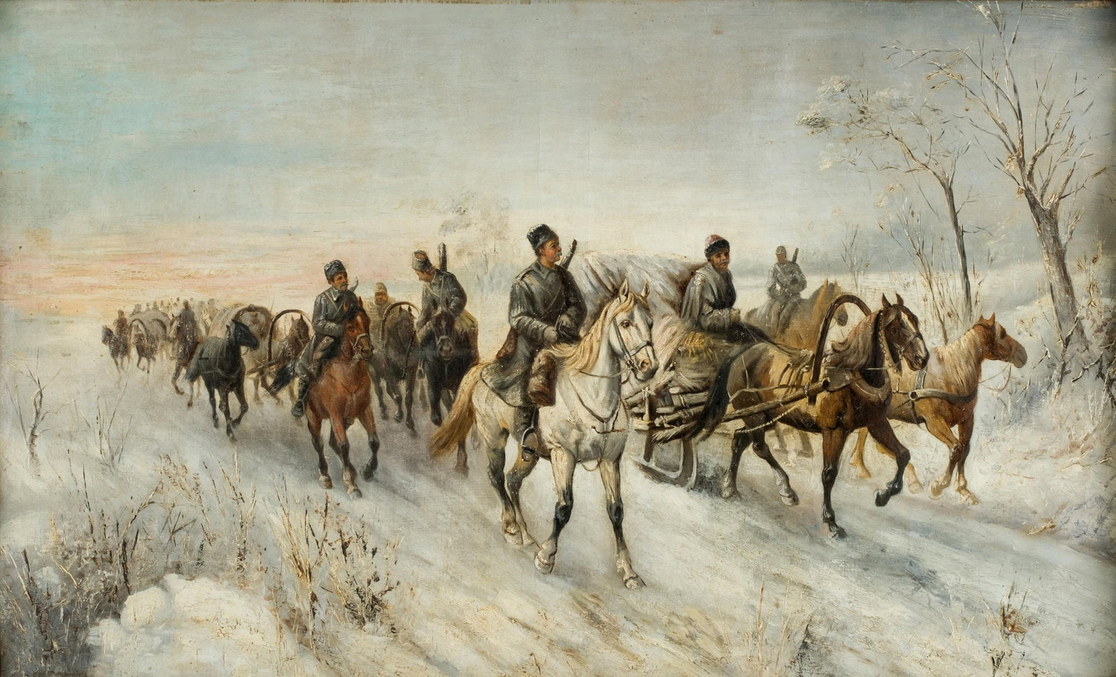 V. Wilkow, Russian Horse-Drawn Sleigh Military Caravan, Oil on Canvas Painting, 19th Century: Keywords: No Reserve, 19th Century Art, Winter Landscape, Equestrian Scene, Horse Drawn Sleigh, Snow Scene, Realism, European Art, Oil on Canvas, Polish Artist Painting, Fine Art, Antique Painting, Wa
