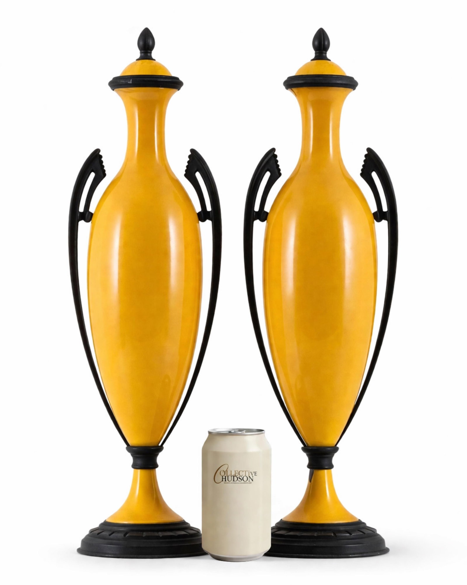 Tall 20-inch Paul Millet Sèvres Signed Pair Of Yellow Glazed Covered Vases: Keywords: NO RESERVE, French pottery, art pottery, covered vases, neoclassical style, decorative arts, French design, early 20th century, mantel garniture Summary: Paul Millet Sèvres pair of covered 