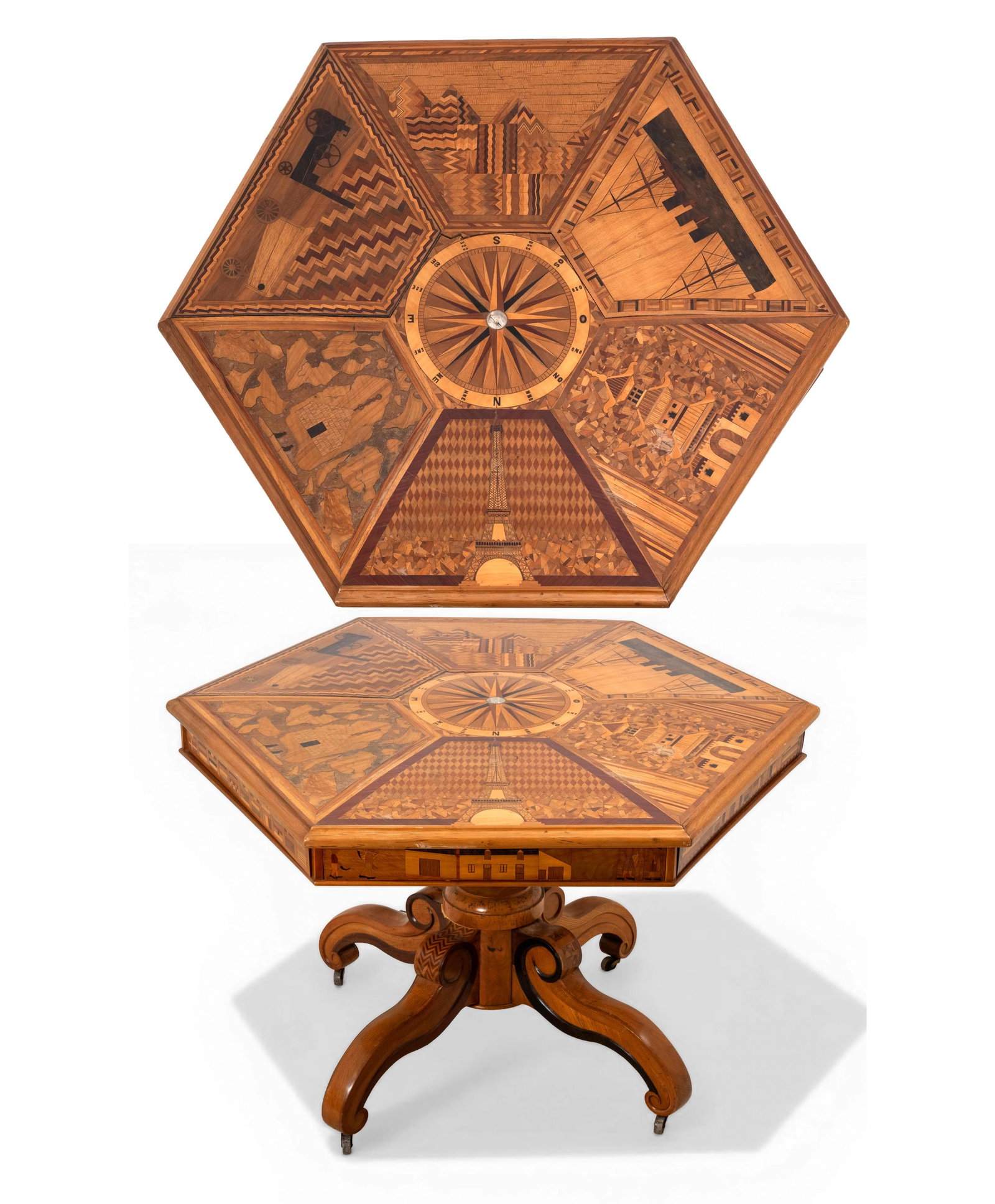 Inlaid Marquetry Table "Exhibition Universelle* c1900 Inlays Celebrating France's World: Keywords: No reserve, Beaux-Arts, Commemorative Furniture, Exhibited Piece, Cabinetmaker Bespoke, Late 19th Century, Center Table, Tea Table, gothic revival style. French decor, one of a kind Summary: