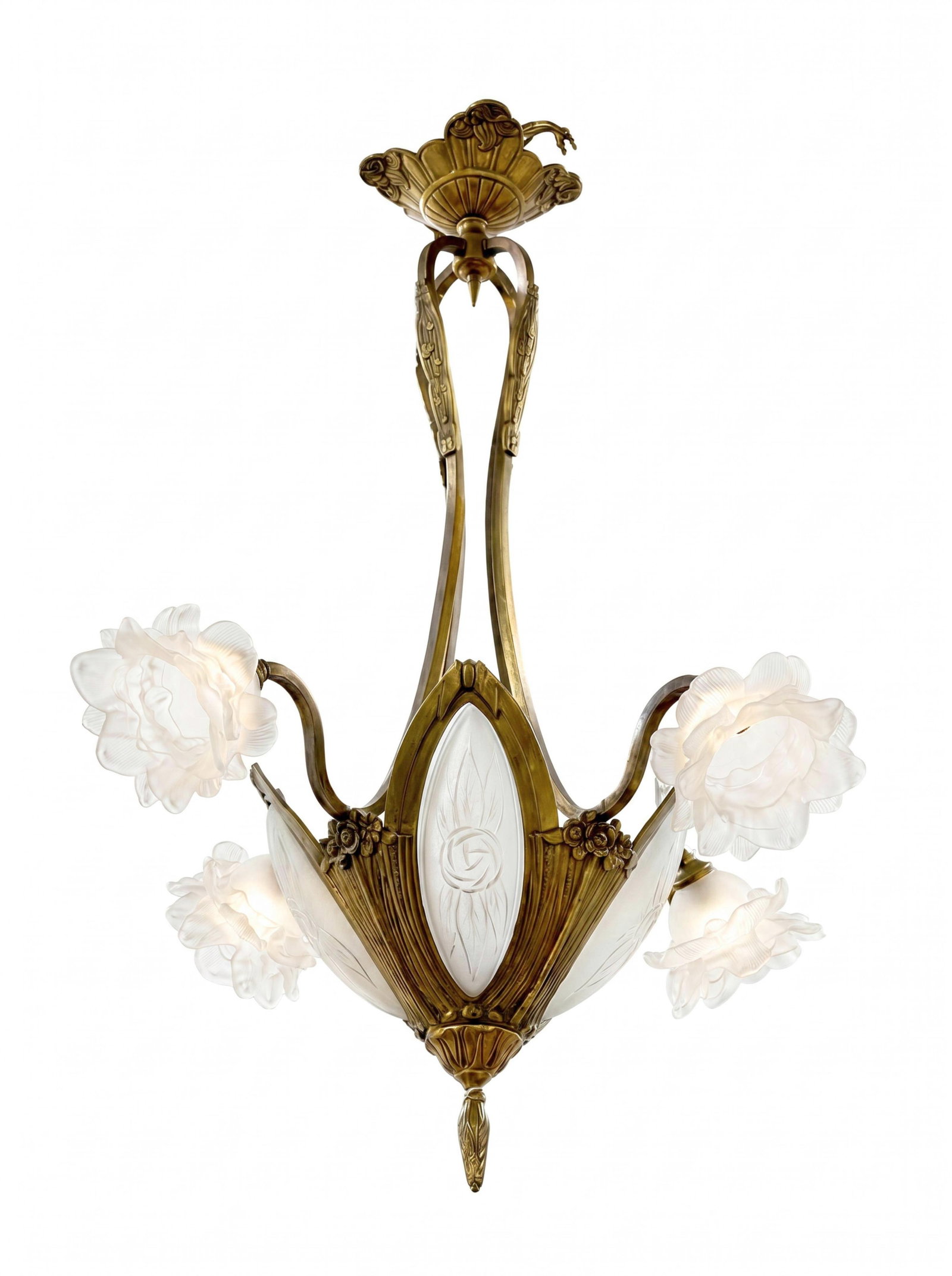 Wonderful Art Nouveau Gilt Bronze Chandelier, with art glass shaded and etched inserts circa 1910 (1 of 9)