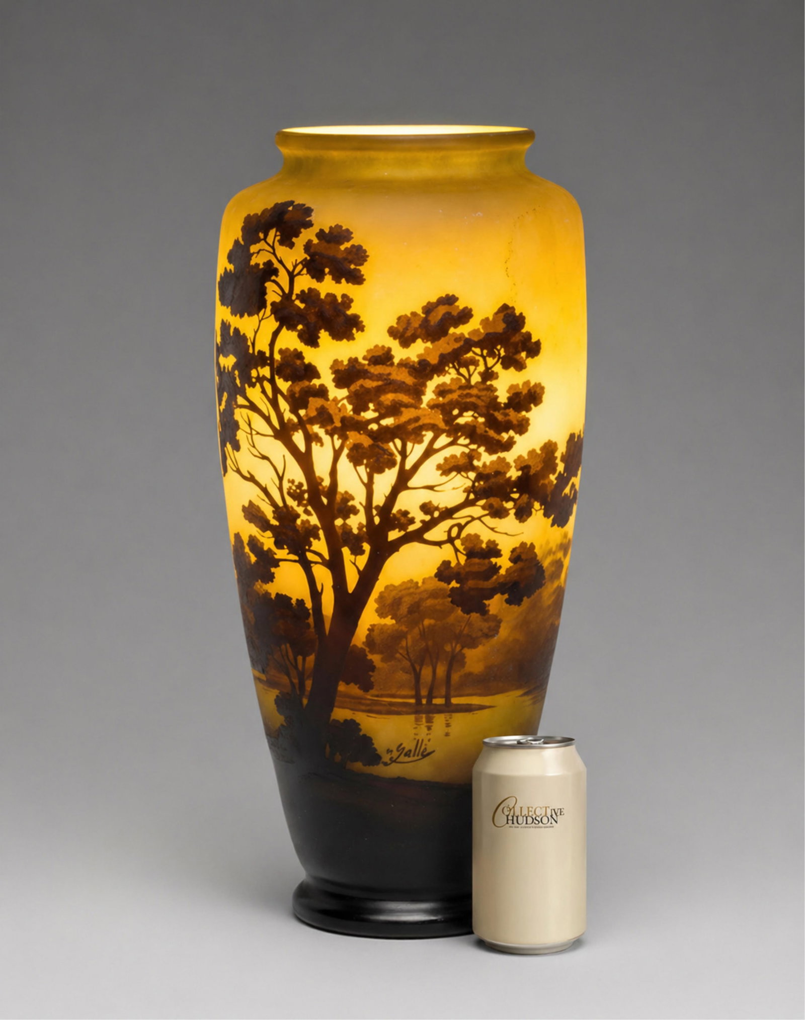 Large Émile Gallé Signed Art Nouveau Cameo Landscape Vase 18" Tall: Keywords: École de Nancy, French Art Nouveau, cameo glass, acid-etched, multilayer overlay, landscape scene, lake and trees, early 20th century, Nancy glassworks, collectible art glass, period decora