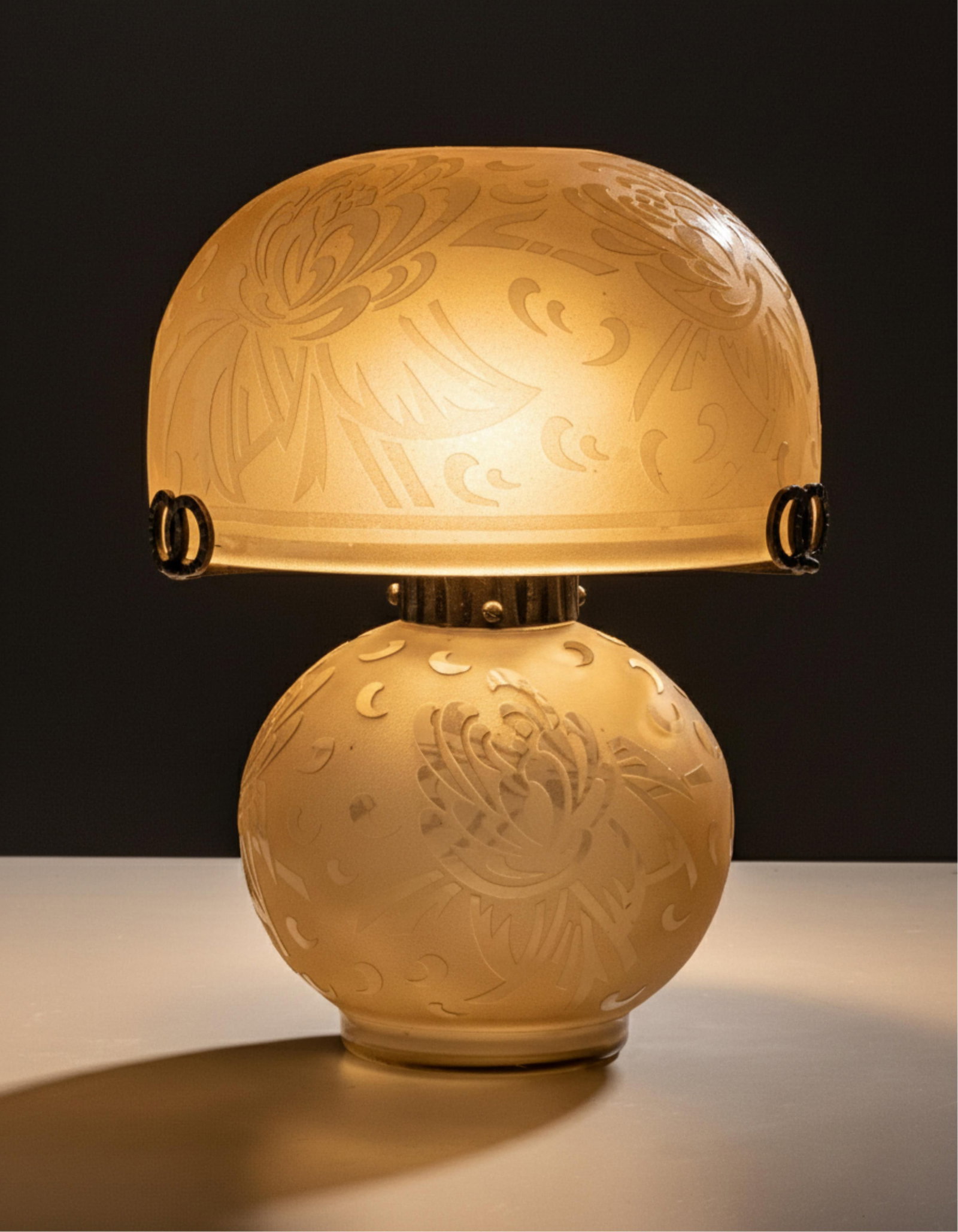 Delatte signed, French Art Deco Nouveau Acid Etched Mushroom Lamp, Circa 1900, Signed: Keywords: French Art Nouveau, early 20th century, cameo-style surface, botanical motif engraving, Art Glass Shade, studio glass craftsmanship, Mushroom Lamp, Daum Style, Accent Lighting Summary: Delat