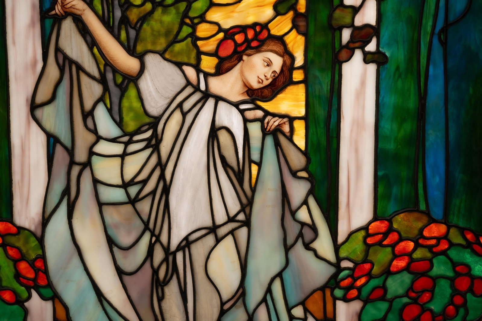Tiffany Studios Art Nouveau Leaded Glass Window, for Baldwin Piano Co. Sarah Bernhardt “Dancing: Keywords: NO RESERVE, Louis Comfort Tiffany, Leaded Glass, Stained Glass, Figural Window, Tiffany Studios, Tiffany Window, Art Glass, Sarah Bernhardt, Dancing For the King of Prussia, Art Nouveau, Cla