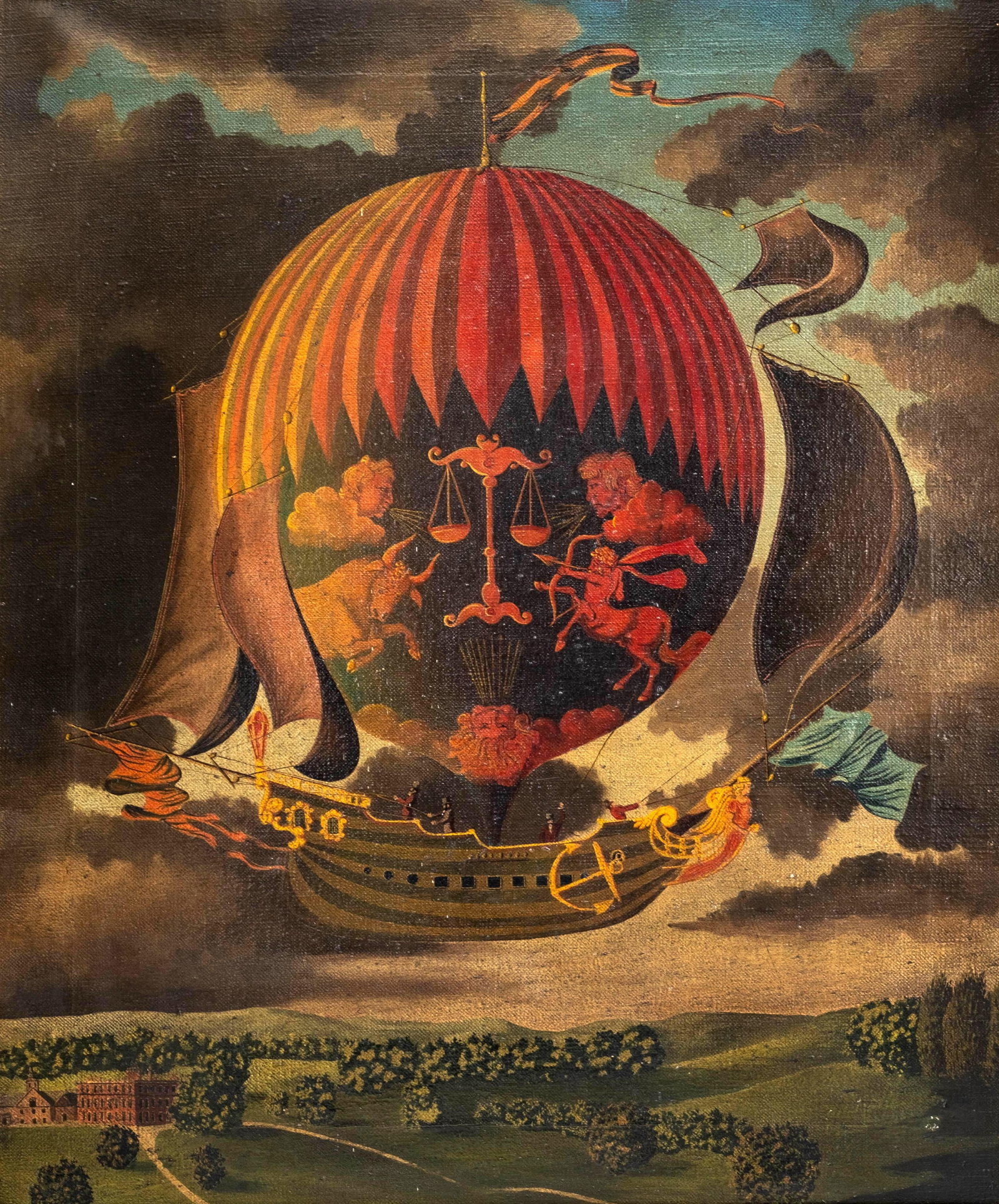 Hot Air Balloon Ship Oil on canvas Painting, 19th Century (1 of 8)