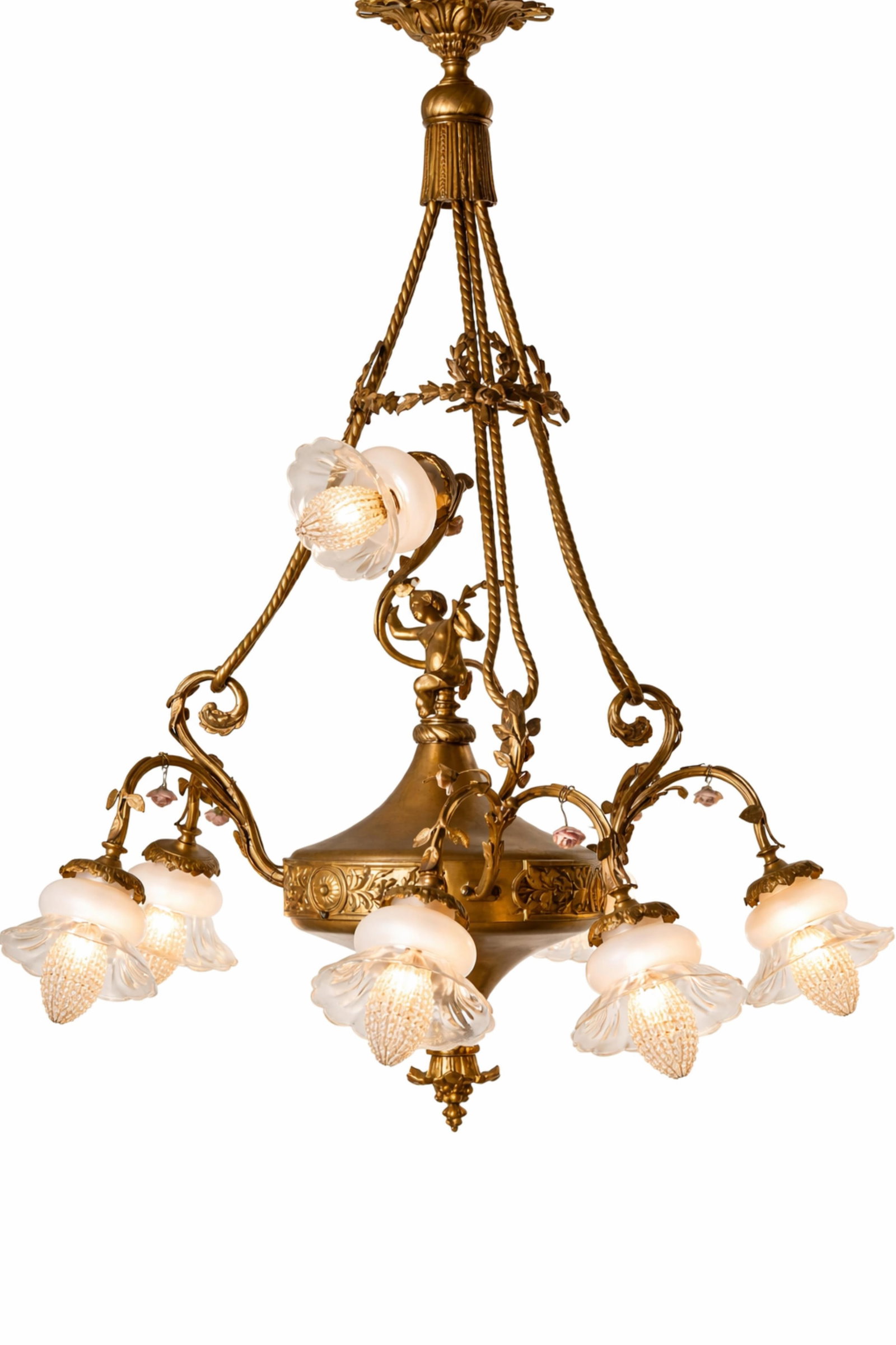 Six-Light Chandelier French Art Nouveau Figural Bronze Putto With Porcelain Flowers, Circa 1900 (1 of 8)