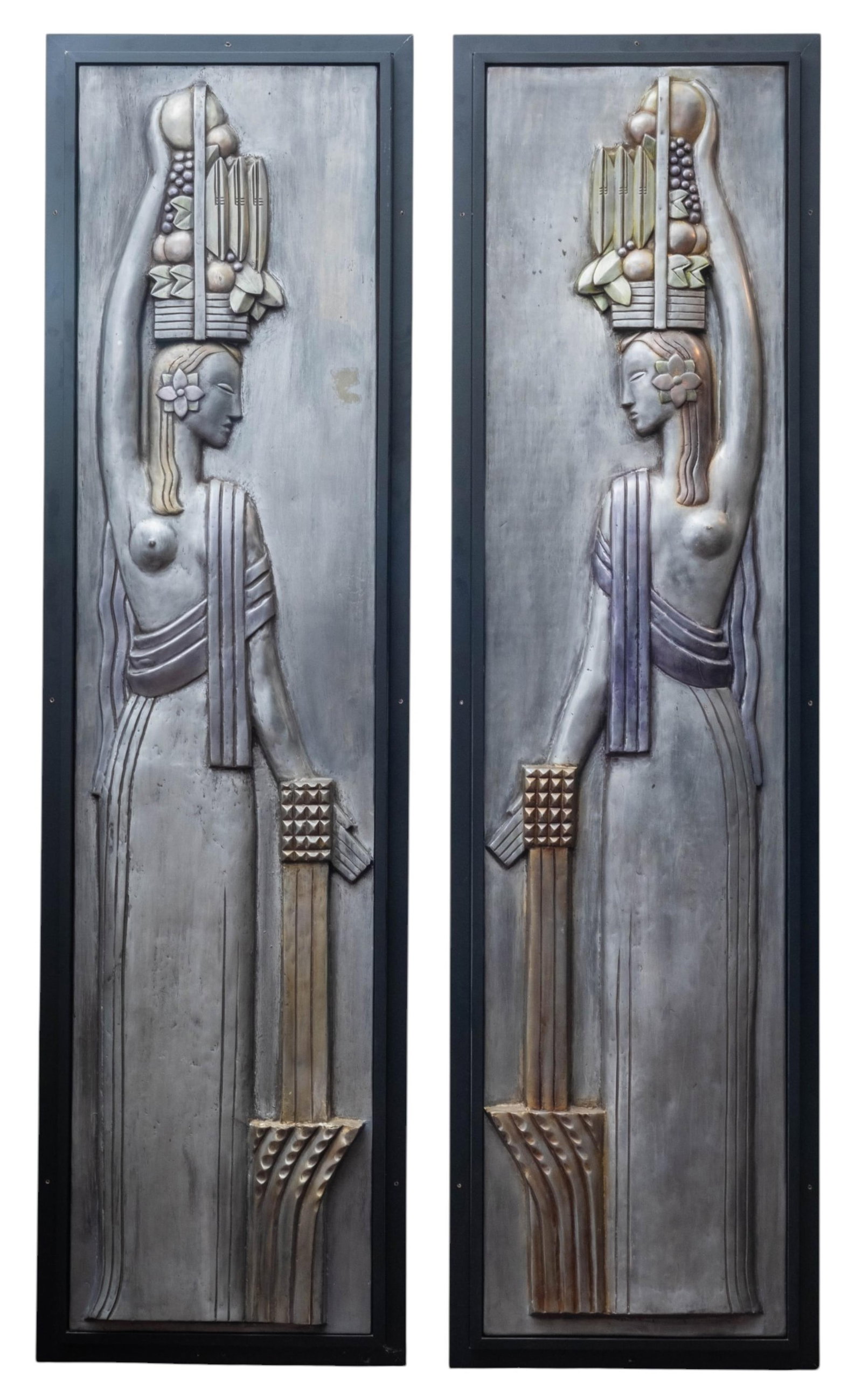 Pair of Raoul Josset Figural Wall Panels, Art Deco Design Mid-20th Century: Keywords: Chicago World’s Fair; Century of Progress Exposition; Streamline Moderne; Machine-Age modern; bas-relief panels; architectural wall relief; stylized figural panels; torch-bearer figure; al