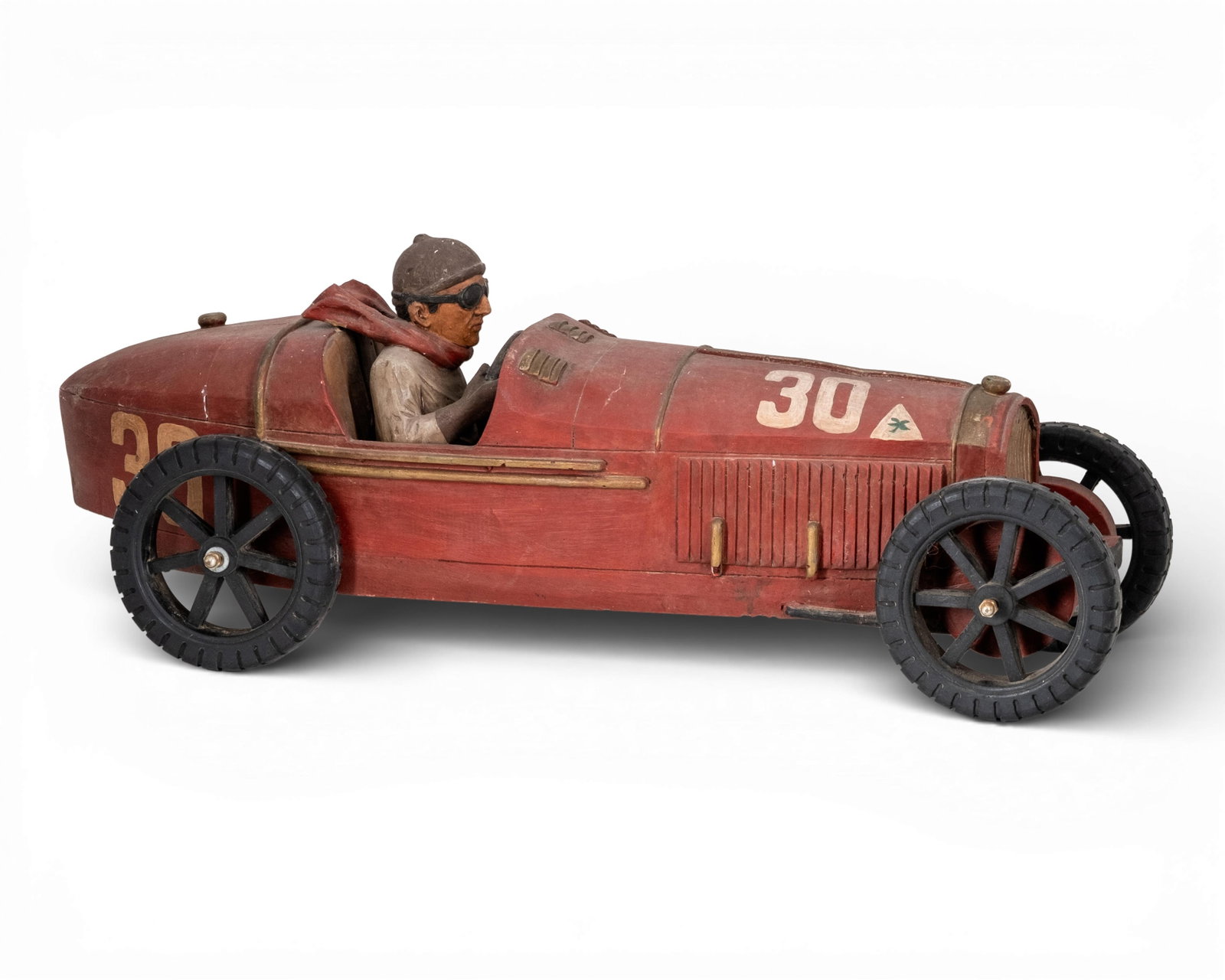 Vintage Handcrafted Alfa Romeo No. 30 Grand Prix Race Car Model, 30 In.: Keywords: NO RESERVE, automobilia, motorsport memorabilia, Grand Prix style, open-wheel racer, folk art, hand-carved, hand-painted finish, driver figure, rubber tires, spoked wheels, display décor, m