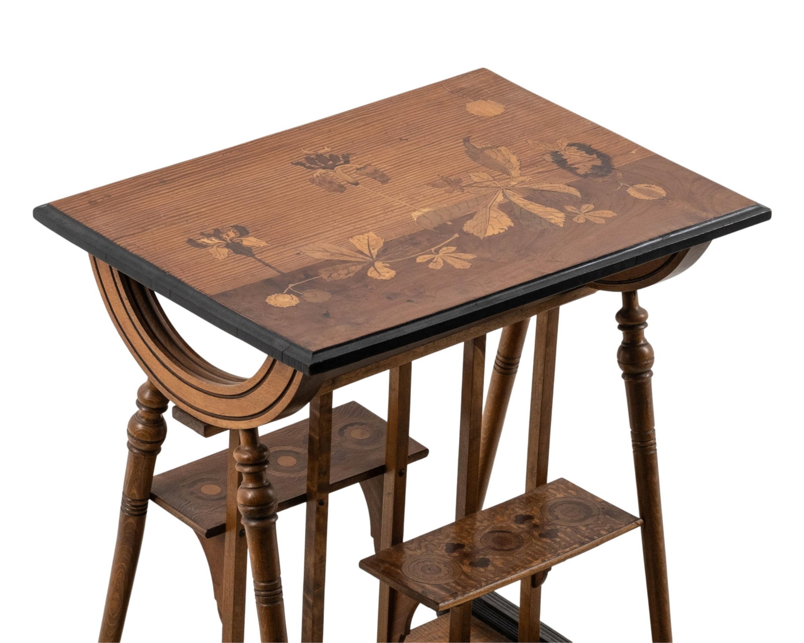Inlaid Etagere Accent Table Art Nouveau Nancy School, Floral Inlay Designs, France, circa 1900: Keywords: NO RESERVE, Art Nouveau, Jugendstil design, French furniture tradition, Belle Époque period, fine cabinetmaking, hand-cut marquetry, floral motif decoration, botanical ornamentation, nature