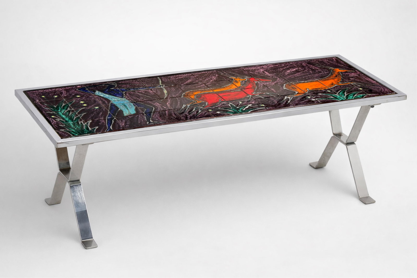 Andre Bayer, Signed, Vintage 1950's French Ceramic Tile Top Coffee Table, Stylized Deer in Forest: Keywords: tiled top, long table, mid century, modernist furniture, 1950. chrome, biches, Roger Capron Style Summary: Andre Bayer Coffee Table mid century modern Vintage 1950's French Hand Painted Cera