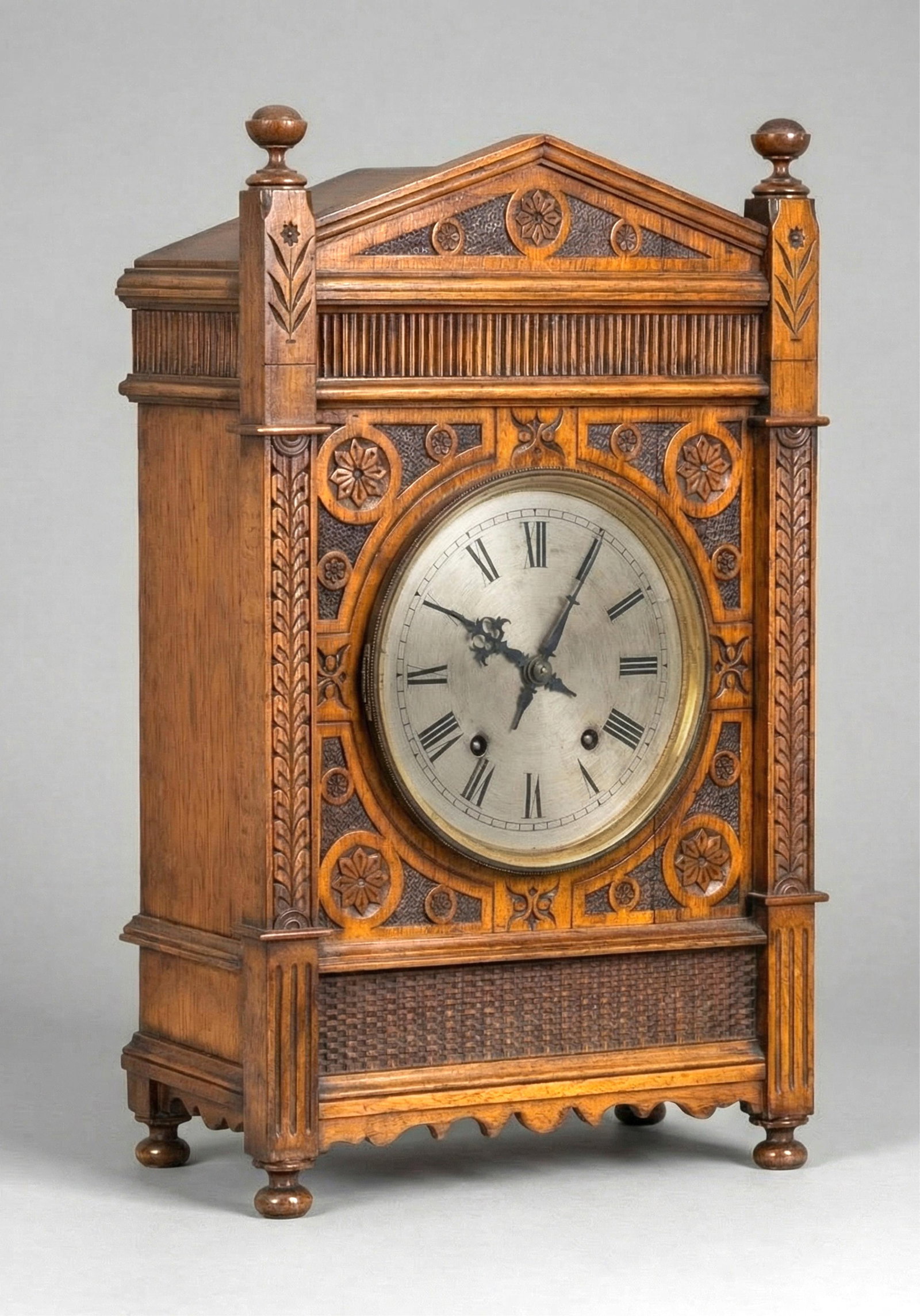 Victorian Eastlake Carved Walnut Mantel Clock, 19th Century: Keywords: NO RESERVE, Aesthetic Movement, Late 19th Century, Architectural Case, Pediment Top, Turned Finials, Carved Rosettes, Incised Leaf Motif, Textured Panels, Roman Numeral Dial, American Decora
