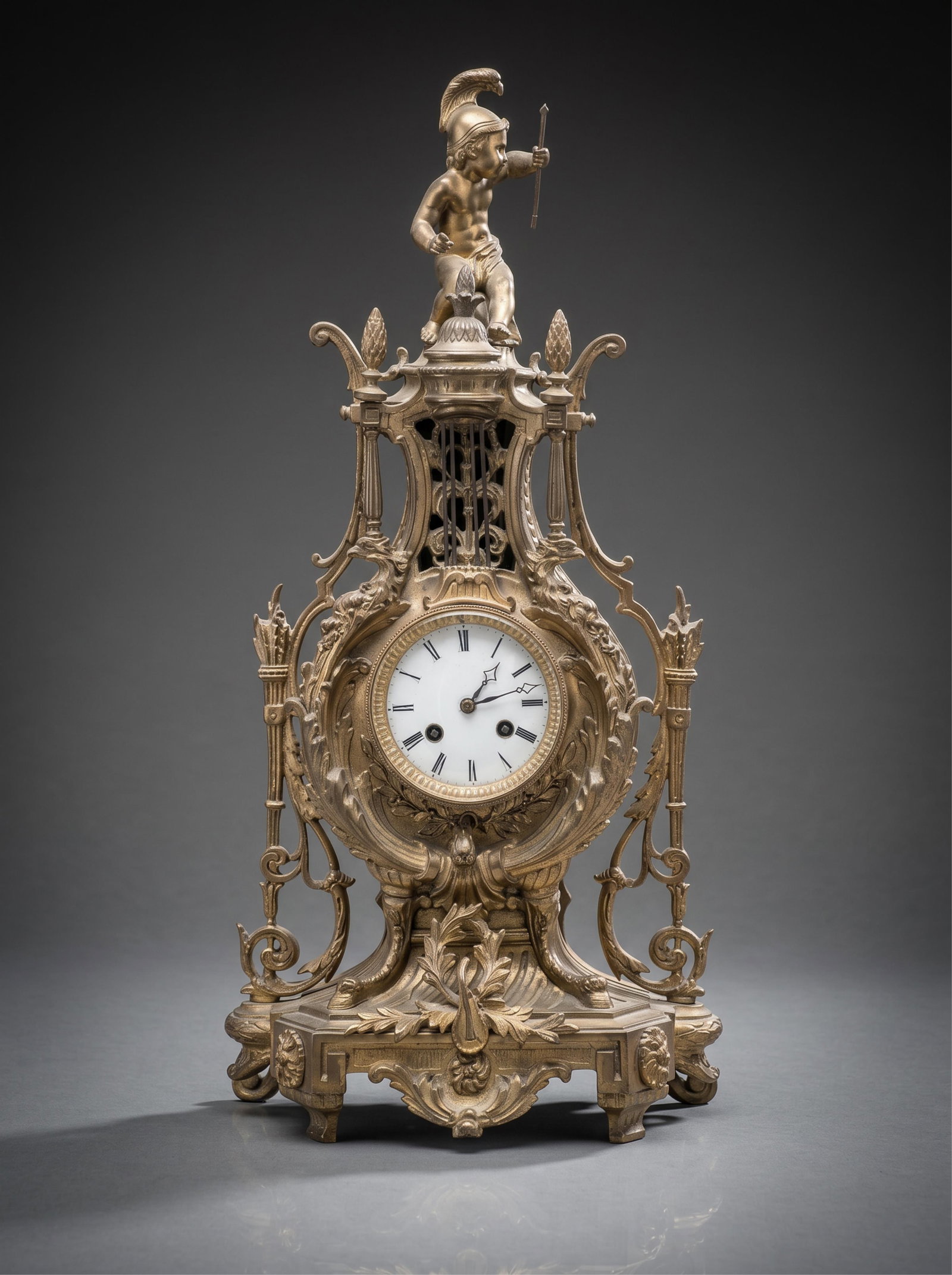 French Bronze Tall Mantel Clock Lyre Form Surmounted by Cupid Figure, 19th Century (1 of 19)