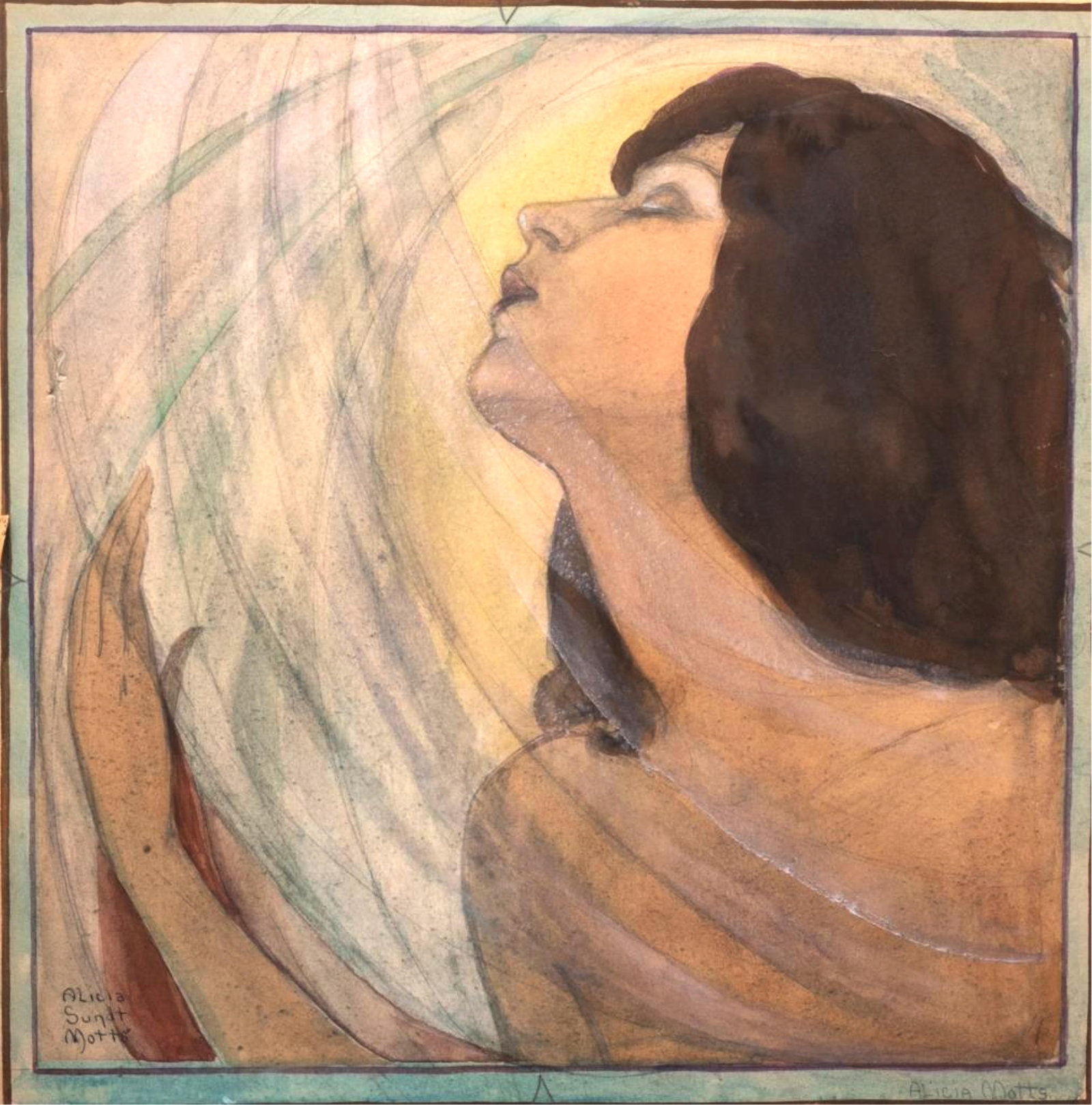 Signed Alicia Sundt Motts Symbolist Art Nouveau Painting on Paper circa 1915: Keywords: NO RESERVE, Symbolist Figure Study, Female Profile, Allegorical Subject, Turn of the Century Style, Pastel Palette, Flowing Linework, Decorative Arts, Early Modern Aesthetic, European Influe