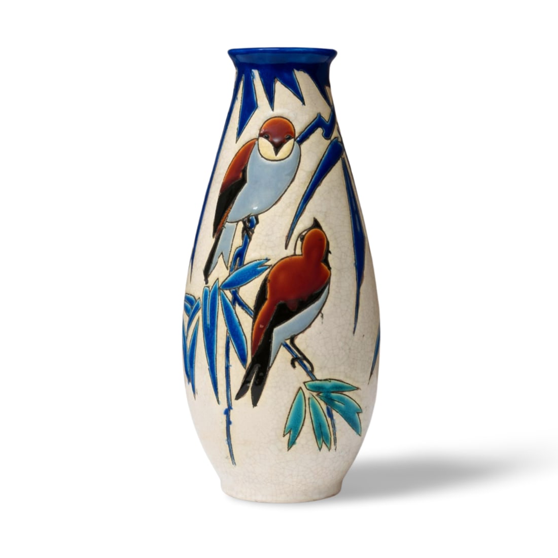 Catteau Keramis Vase Art Deco Signed Boch Freres, Keramis,: Keywords: Tall, Art Deco, Charles Catteau, Earthenware, Stylized Birds, Decorative Arts, Early 20th Century, Home Decor, Collector's Piece, Vintage Vase Summary: Charles Catteau Keramis Art Deco ceram