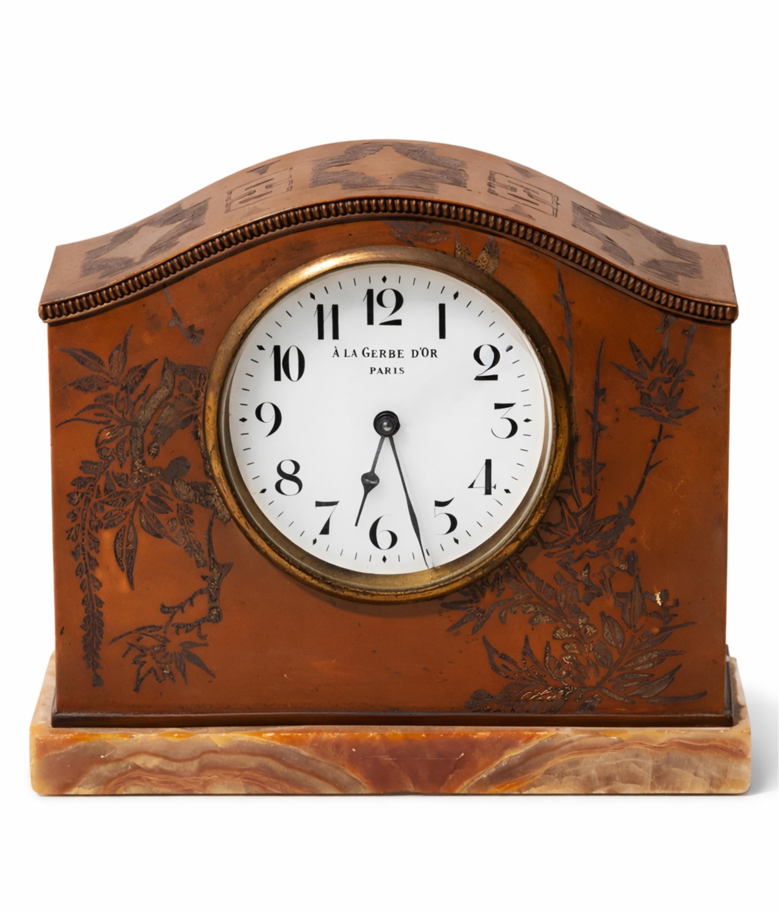La Gerbe d’Or Art Nouveau French Silver-Over-Copper Clock on Agate Base, Signed, Circa 1910: Keywords: Art Nouveau, vienna secession, jugedstil, Edwardian Era, French Decorative Arts, Japonisme Influence, Early 20th Century Design, Belle Epoque, Emile Galle style, Louis Majorelle style, Chino