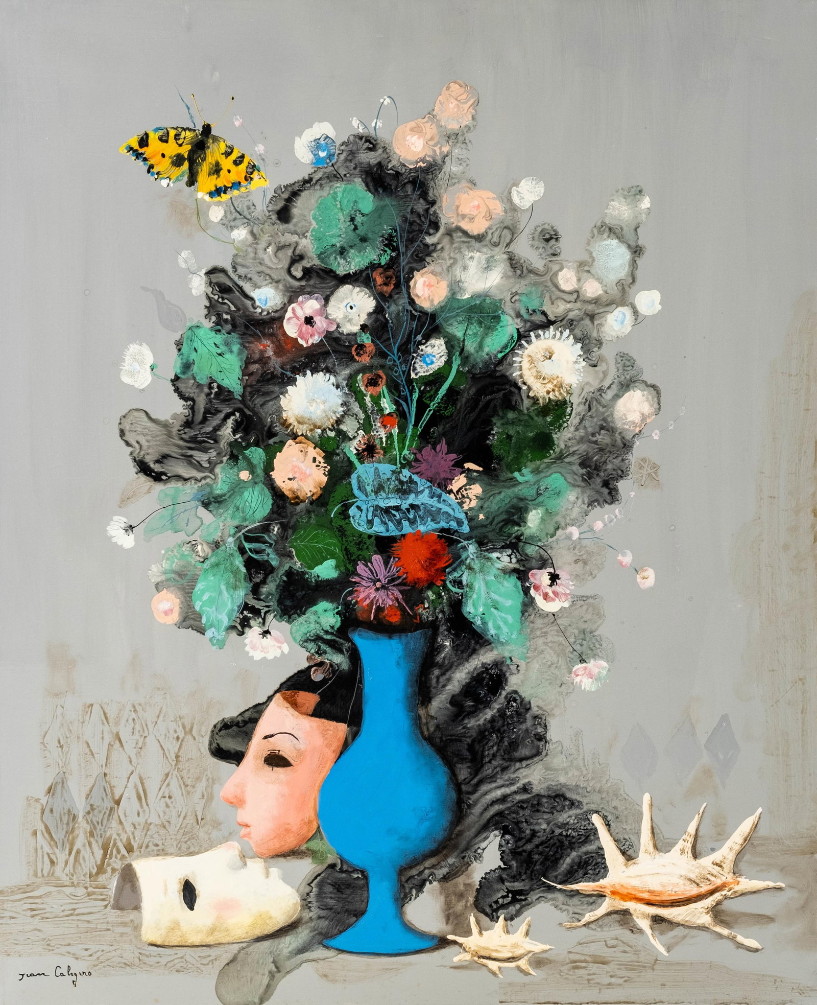 Jean Calogero Surrealist Floral Still Life Oil Painting Signed: Keywords: NO RESERVE, surrealist, still life, floral composition, blue vase, theatrical mask, shells, butterfly, modern art, whimsical, figural, oil on canvas Summary: Jean Calogero (Sicilian, 1922-20