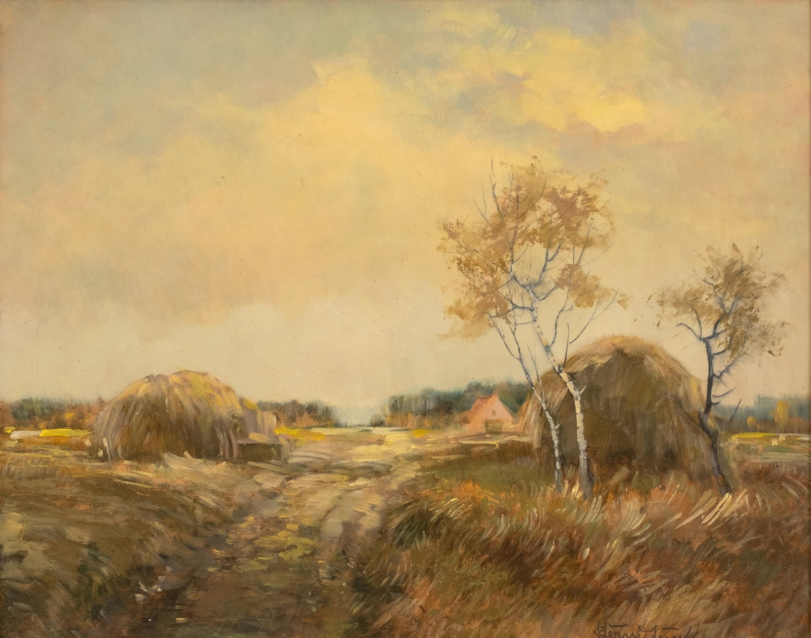 Two Bernd Funke Rural Landscape Paintings: Keywords: NO RESERVE, Bernd Funke, German painting, Rural landscape, Farmhouse scene, Haystacks, Countryside painting, Pastoral landscape, European oil painting, Oil on board, Oil on panel, Signed pai