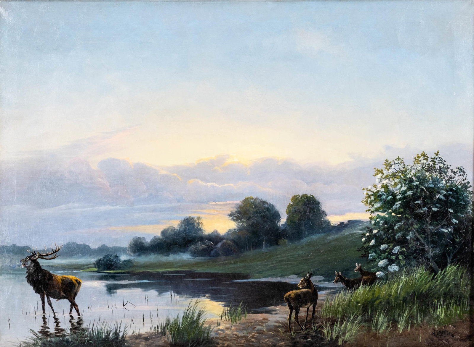 H. Lang Signed. Elk at Lake’s Edge Oil on Canvas Painting (1 of 10)