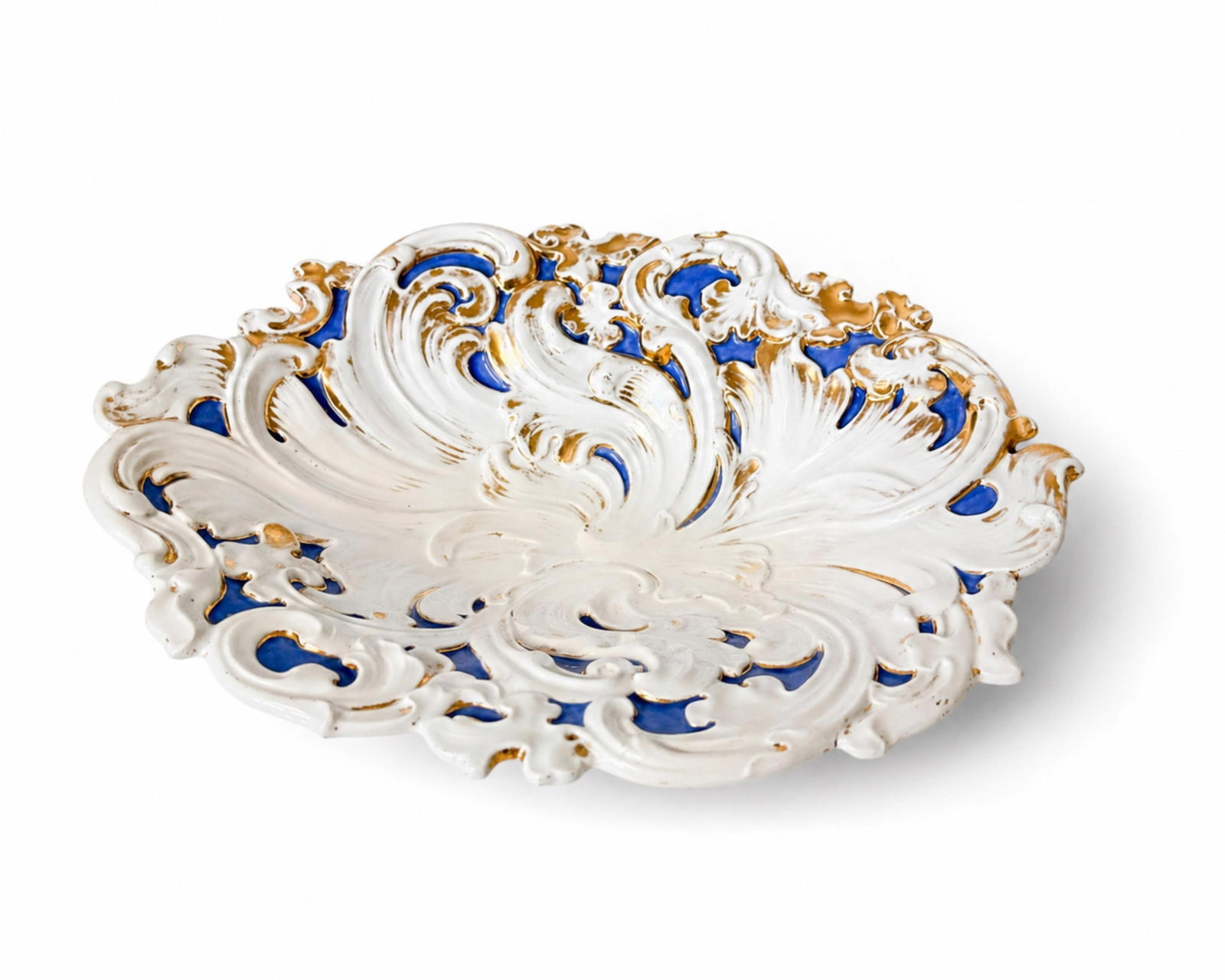 Large 12-inch Meissen Reticulated Porcelain Serving Dish: Keywords: NO RESERVE, serving dish, Rococo porcelain, German porcelain, crossed swords mark, cobalt accents, gilt highlights, openwork dish, decorative porcelain, Meissen bowl, porcelain centerpiece, 