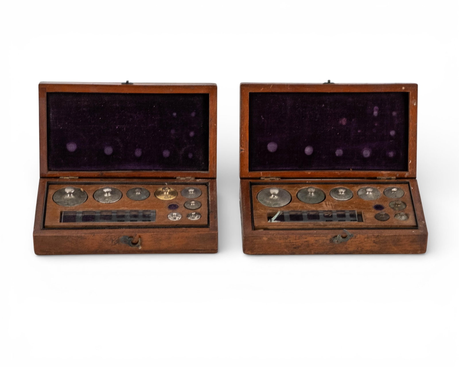 Pair of Antique Cased Apothecary Weight Sets, circa 1920: Keywords: NO RESERVE, apothecary weights, laboratory weight set, antique scientific instrument, Eimer and Amend, New York, metric weights, boxed weight set, pharmacy scale weights, medical instrument,