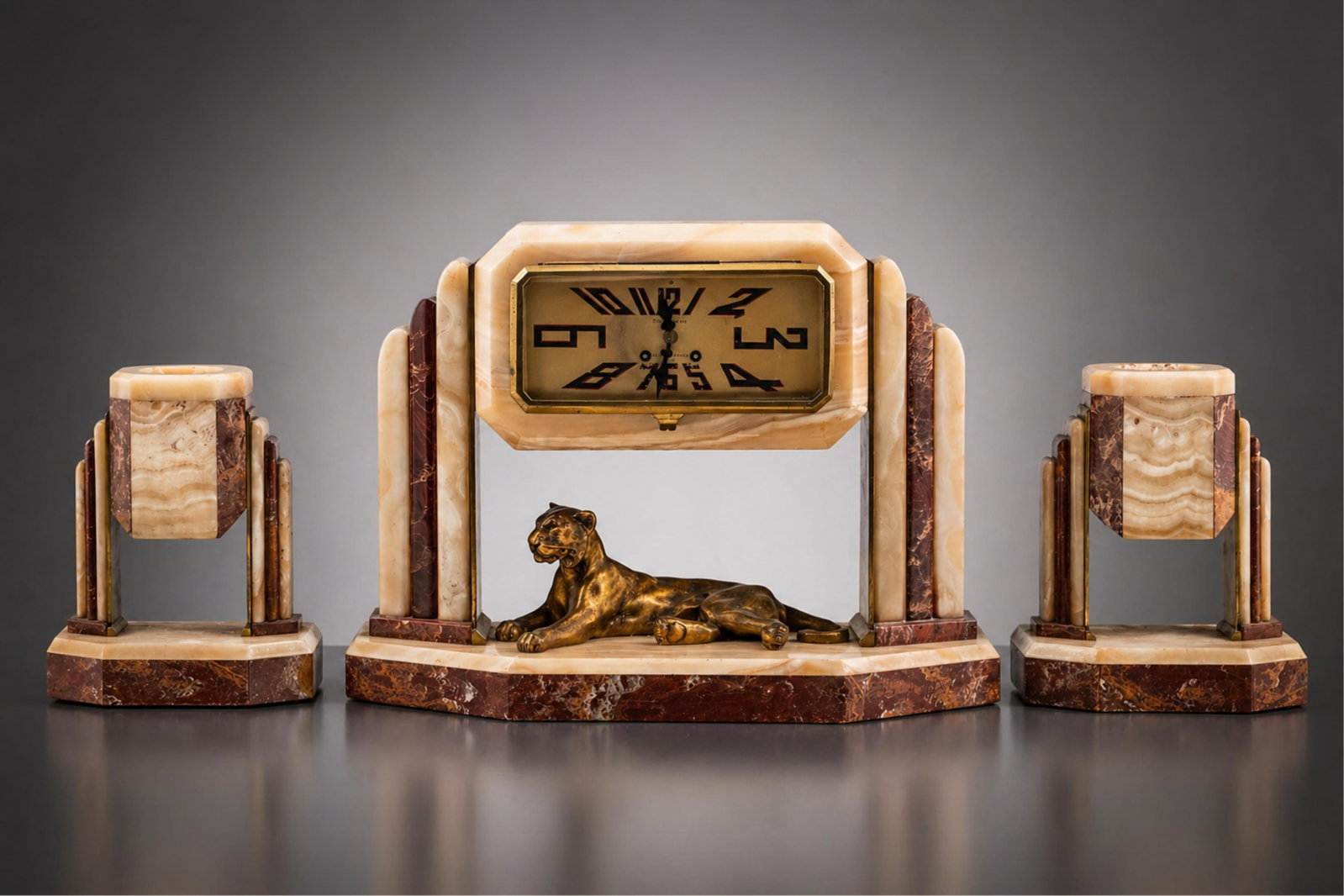 Onyx, Marble, and Bronze Art Deco Clock, 3 Piece Garniture with Panther c. 1925: Keywords: Modernism, Machine Age, Bauhaus, Streamline Moderne, French Deco, Edgar Brandt Style, Jacques Adnet Style, Jean Dunand Style, Mantel Clock, Table Clock, 20th Century, Garniture Set, Animal M