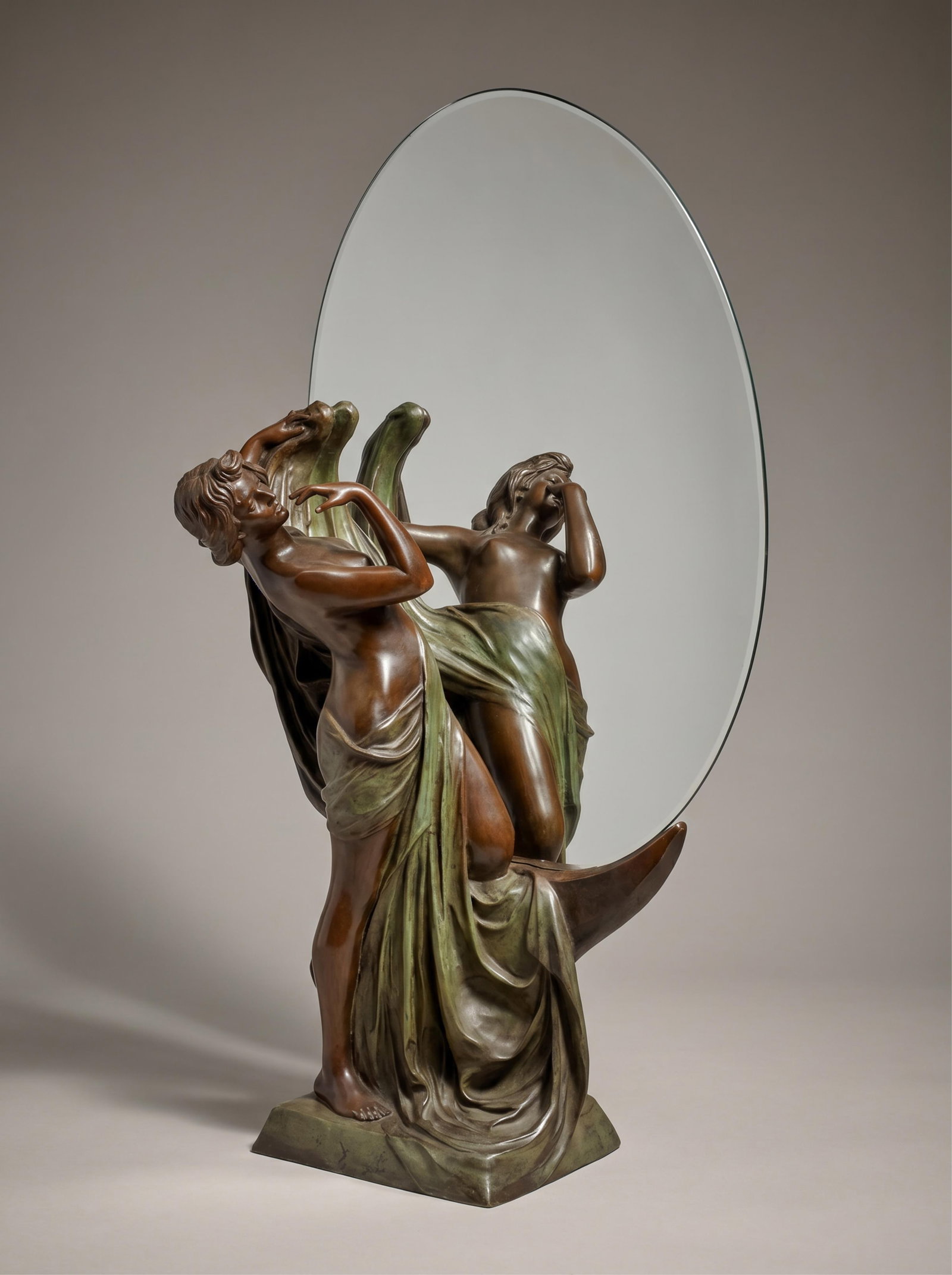 Koenig and Lengsfeld Signed 37" Bronze Sculpture of Woman Reflecting into Mirror, C.1900: Keywords: Art Nouveau, Belle Epoque, Jugendstil, Victorian, Symbolism, Early 20th Century Art, Louis Majorelle Style, René Lalique Style, Alphonse Mucha Style, Bronze, Glass, Early 20th Century, Lost