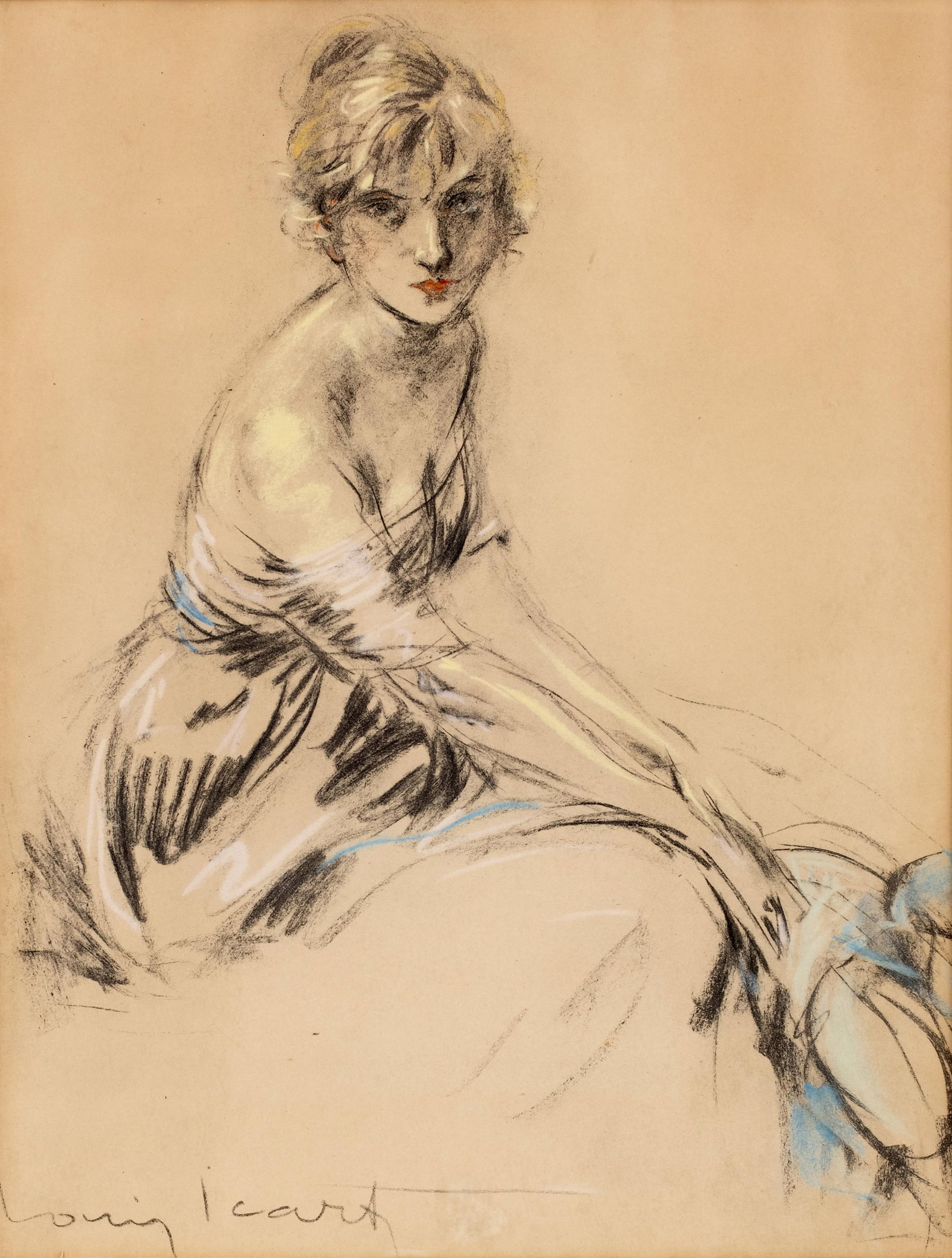 Louis Icart Art Nouveau Pastel and Charcoal on Paper Drawing / Painting, Signed: Keywords: NO RESERVE,seated woman, female portrait, pastel on paper, charcoal drawing, figural study, elegant woman, Art Deco, French school, framed drawing Summary: Louis Icart signed art nouveau dec