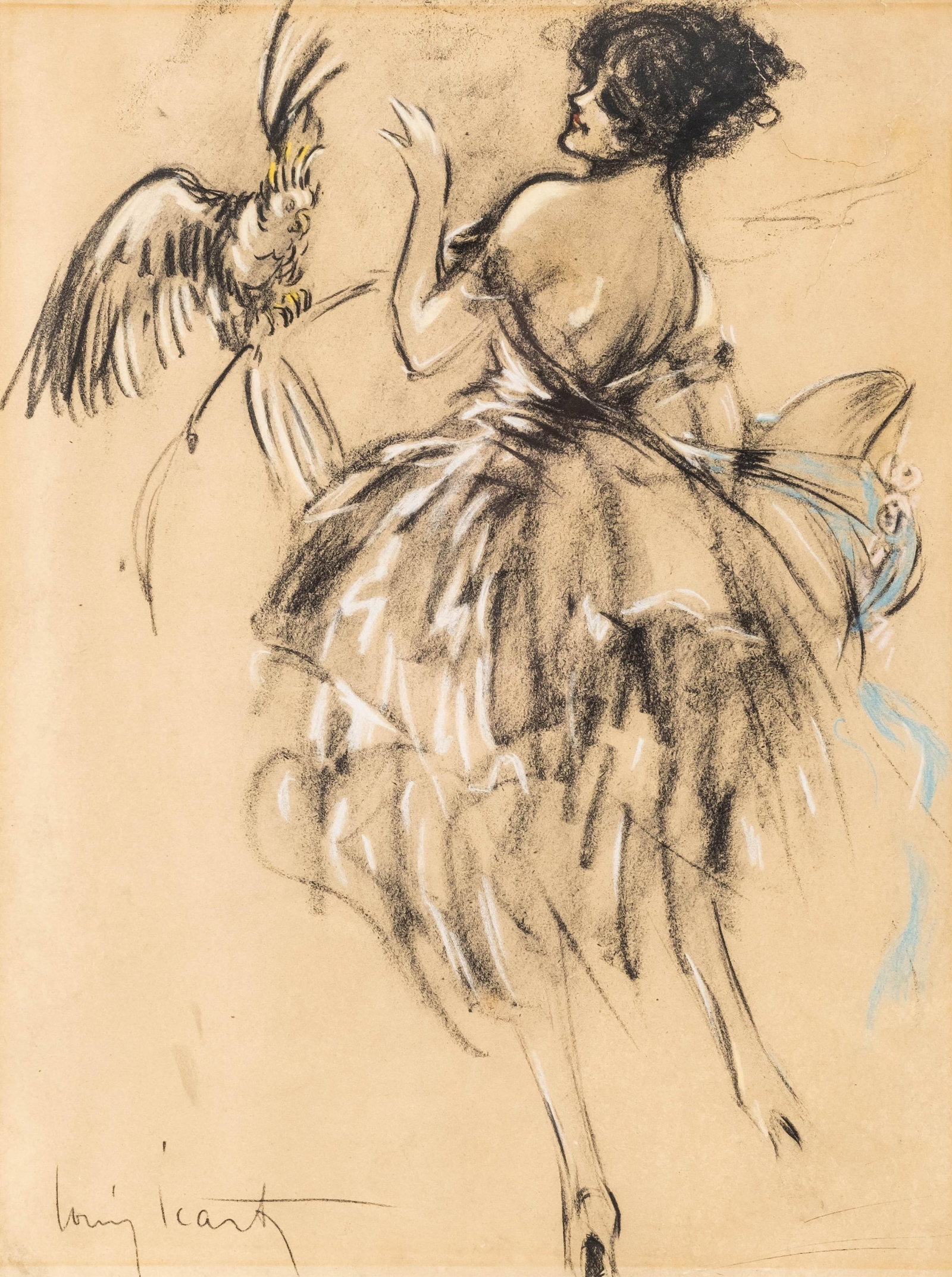 Louis Icart Art Deco Pastel & Charcoal Drawing / Painting, Signed: Keywords: NO RESERVE, French art deco, pastel drawing, charcoal sketch, elegant lady, signed artwork, figurative study, 20th century French art, fashion, dancer Summary: Louis Icart (French, 1888-1950