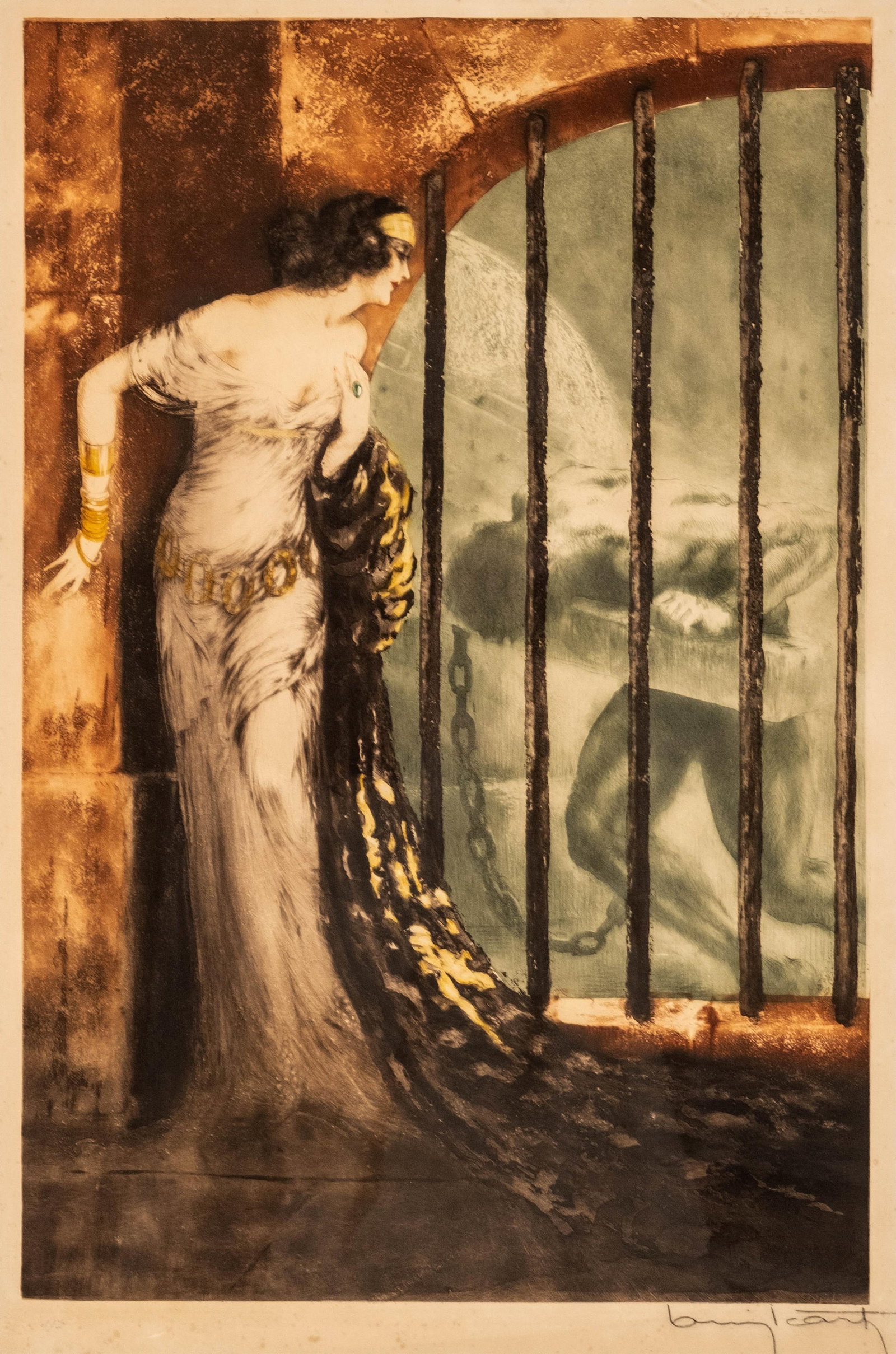 Louis Icart French Art Deco Limited Edition Drypoint Etching Painting “Dalila, 1928, Signed: Keywords: Art Deco, French modernism, early 20th century, 1920s–1930s, lithograph print, figural composition, biblical subject, elegant female figure, sensual imagery, decorative line work, tonal sh