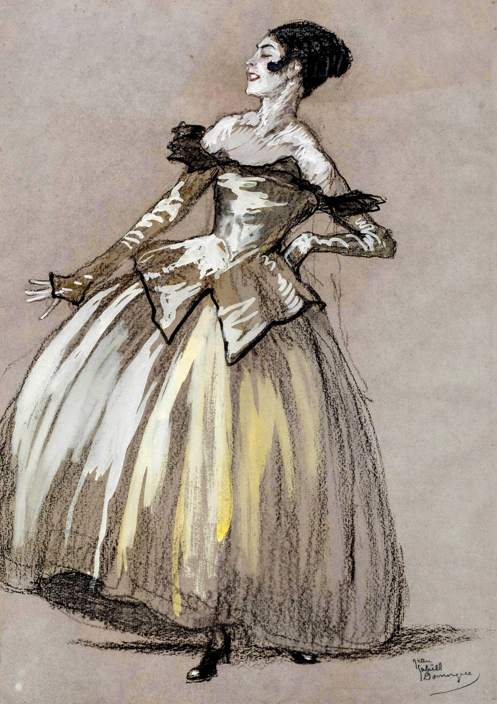 Jean-Gabriel Domergue Original Charcoal Gouache Art Deco Drawing (Painting), Signed: Keywords: French artist, art nouveau fashion, female figure, 20th-century art, modern elegance, icart, portraiture, figurative art, Art Deco fashion illustration, Early 20th Century modernism, Interwa