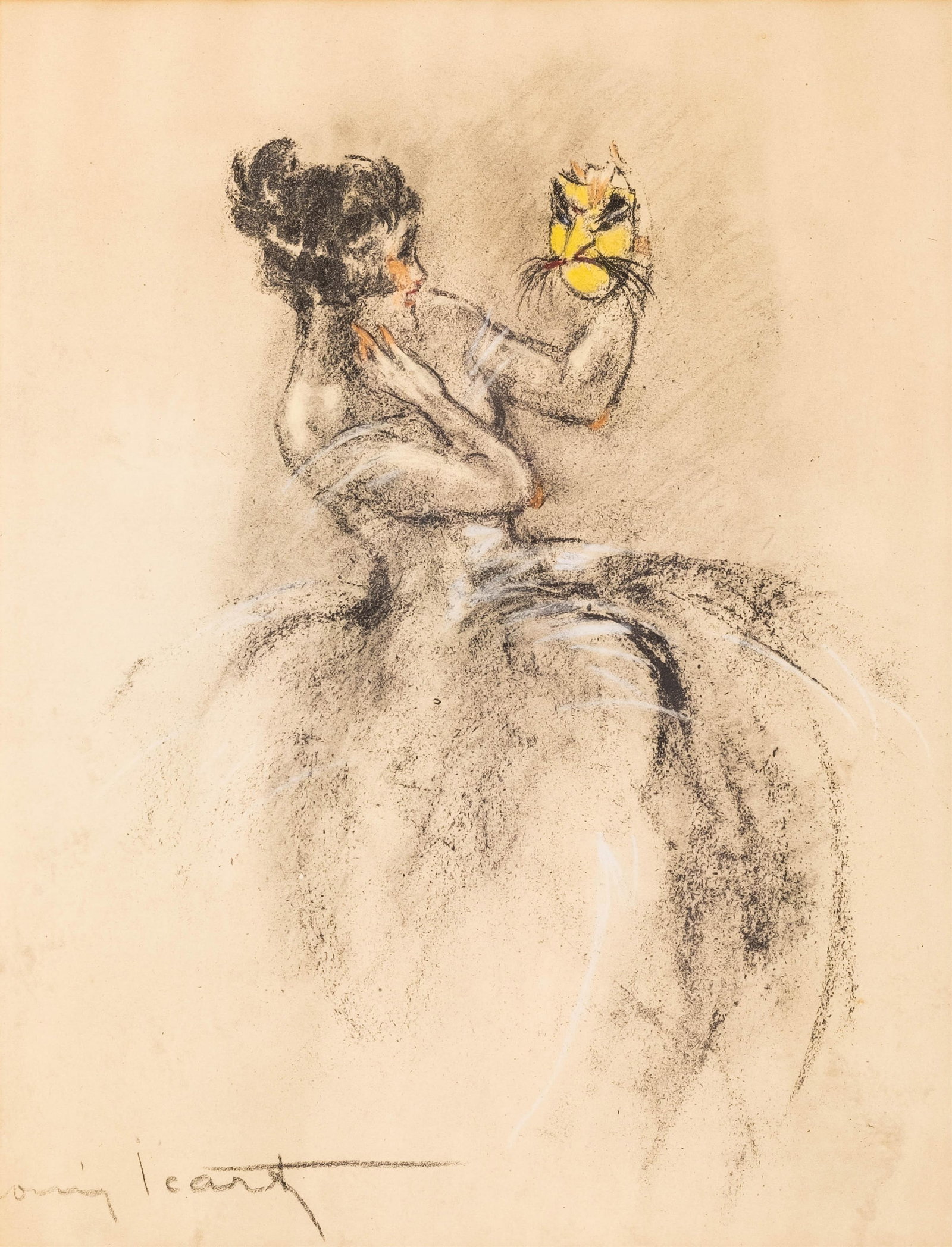 Louis Icart Art Deco Pastel & Charcoal Drawing / Painting, Signed: Keywords: NO RESERVE, French art deco, pastel drawing, charcoal sketch, elegant lady, masquerade scene, ball mask, signed artwork, figurative study, 20th century French art, fashion Summary: Louis Ica